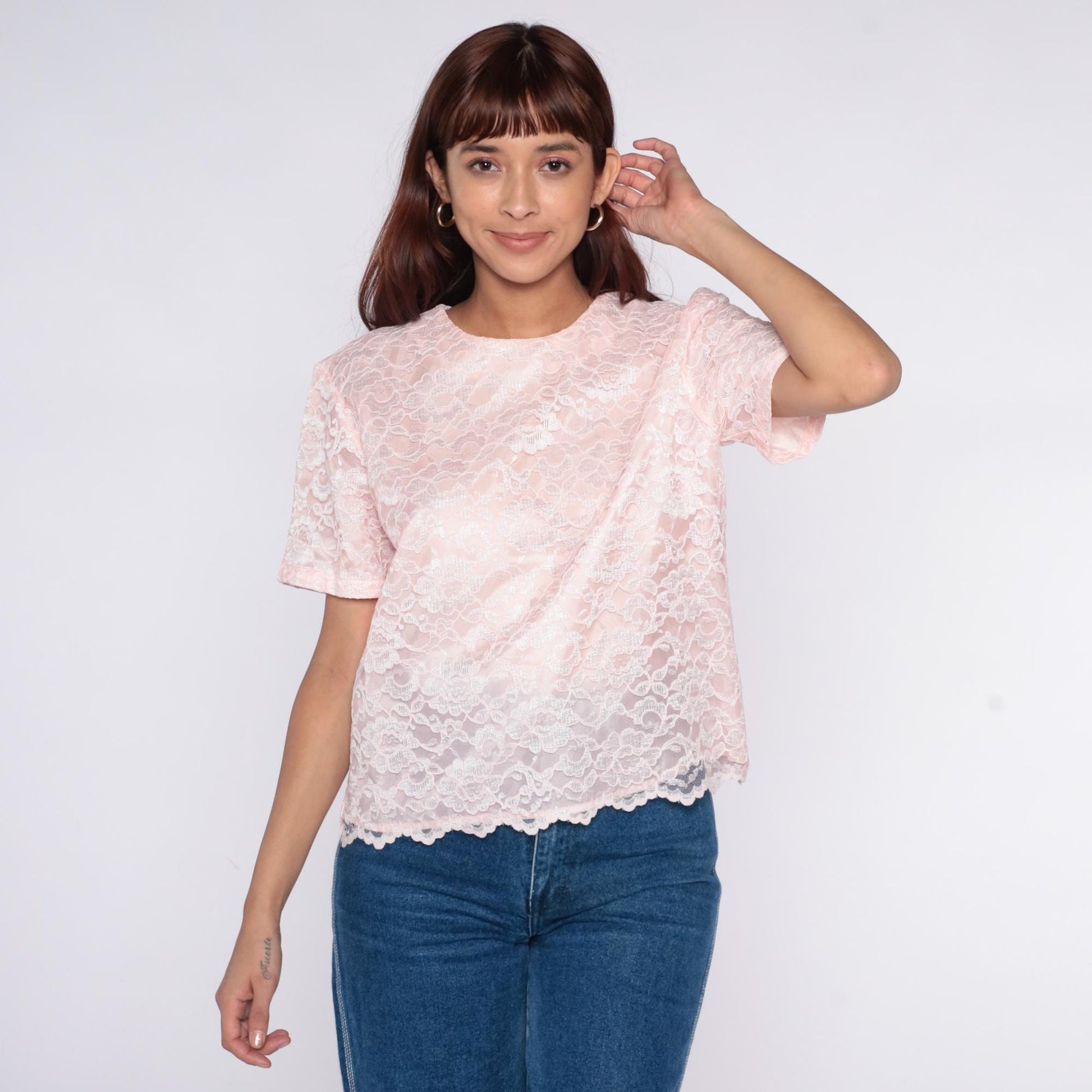 80s Appleseed's Pink Lace Blouse White Floral Scalloped Keyhole Back Medium M