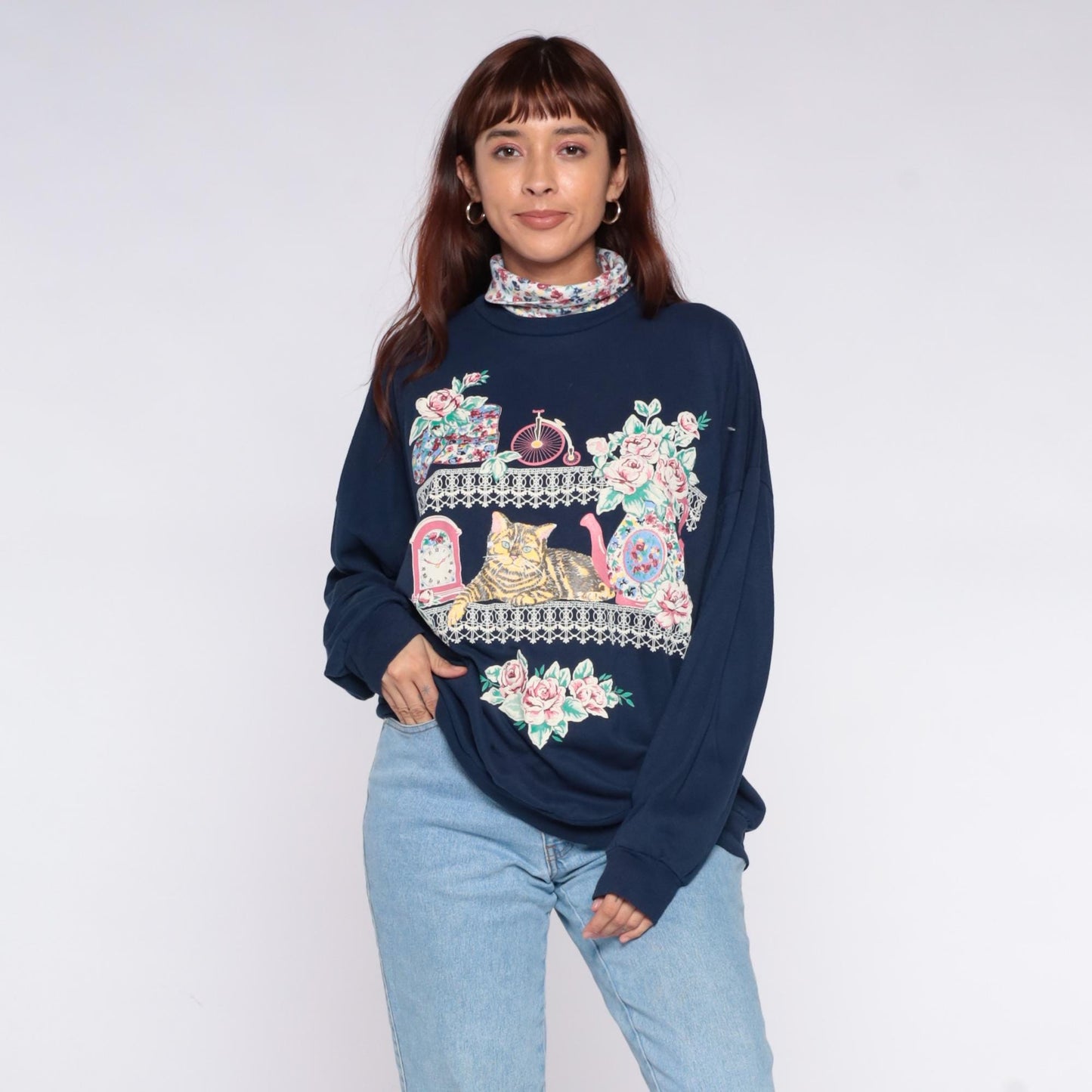 90s Act 3 Cat Sweatshirt Navy Blue Floral Turtleneck Graphic Extra Large XXL