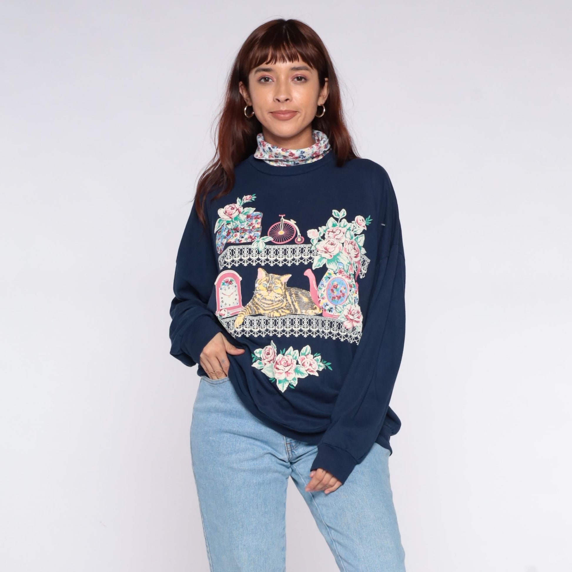 90s Act 3 Cat Sweatshirt Navy Blue Floral Turtleneck Graphic Extra Large XXL