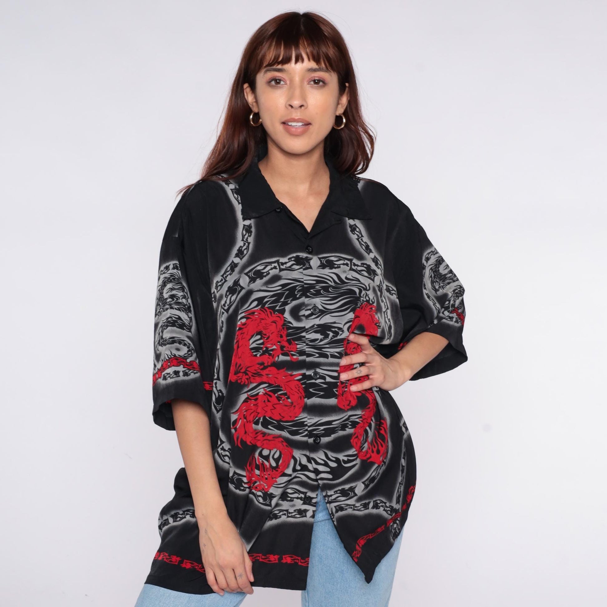 Y2K Saphire Lounge Dragon Chain Button Shirt Black Red Extra Large XL