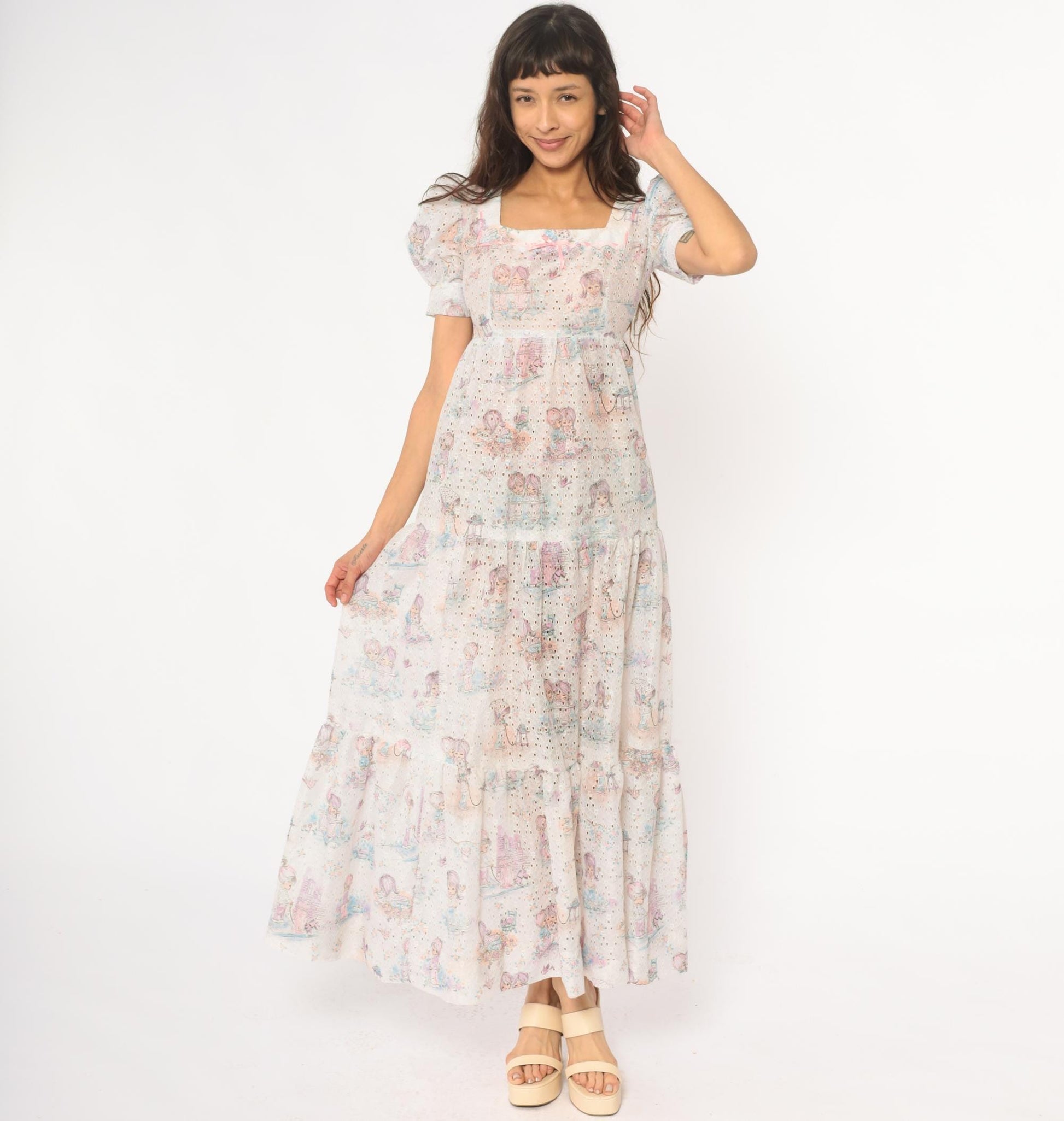 70s White Eyelet Maxi Dress Kawaii Children Print Puff Sleeve Small