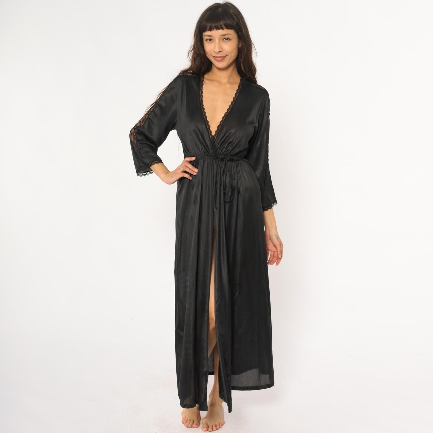 70s Black Nylon Lace Robe Maxi Wrap Front Deep V Neck Tie Waist Small