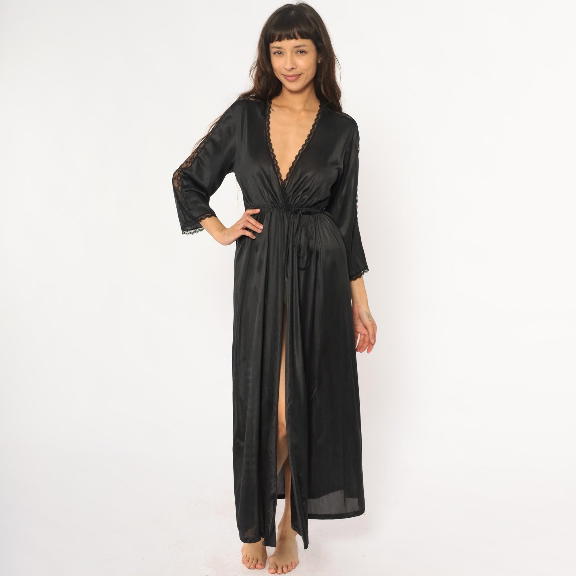 70s Black Nylon Lace Robe Maxi Wrap Front Deep V Neck Tie Waist Small