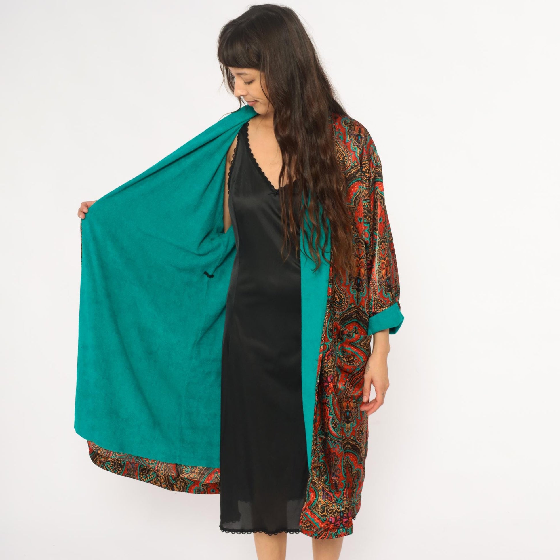80s Paisley Terrycloth Robe Turquoise Orange Black Lace Trim Knee Length Large