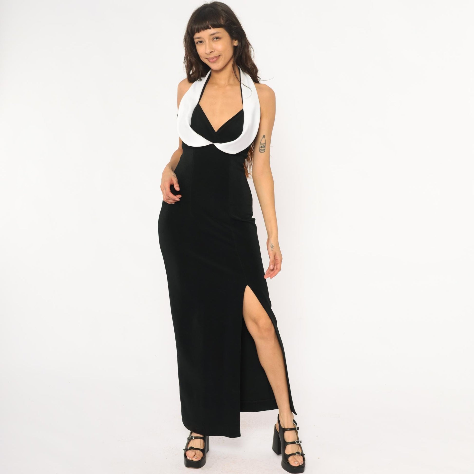 90s Cache Black Halter Maxi Dress White Collar Open Back Small S