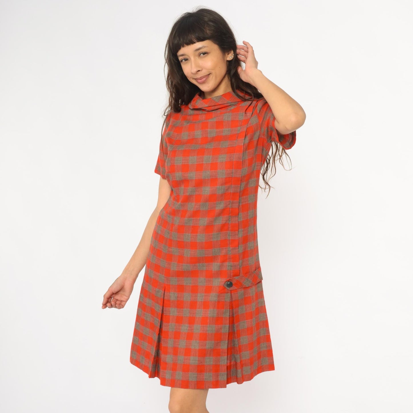 60s Orange Brown Plaid Shift Dress Drop Waist Pointed Collar Small