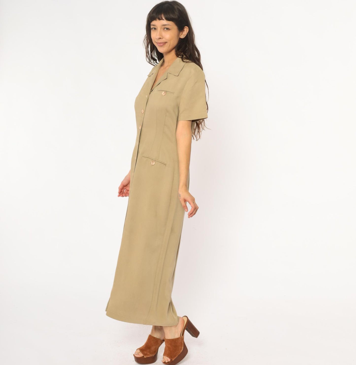 90s Jessica Howard Tan Maxi Shirt Dress Collared Button Front Medium
