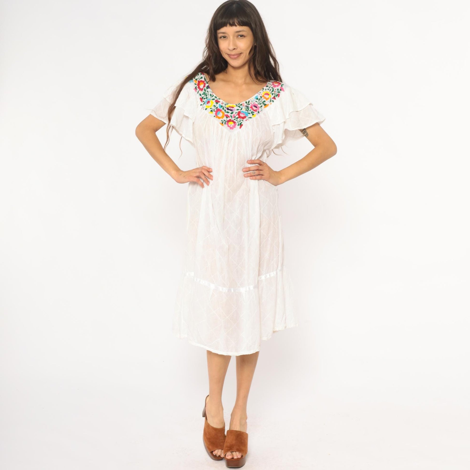 80s Mexican Embroidered White Cotton Midi Dress Floral Flutter Sleeve Small