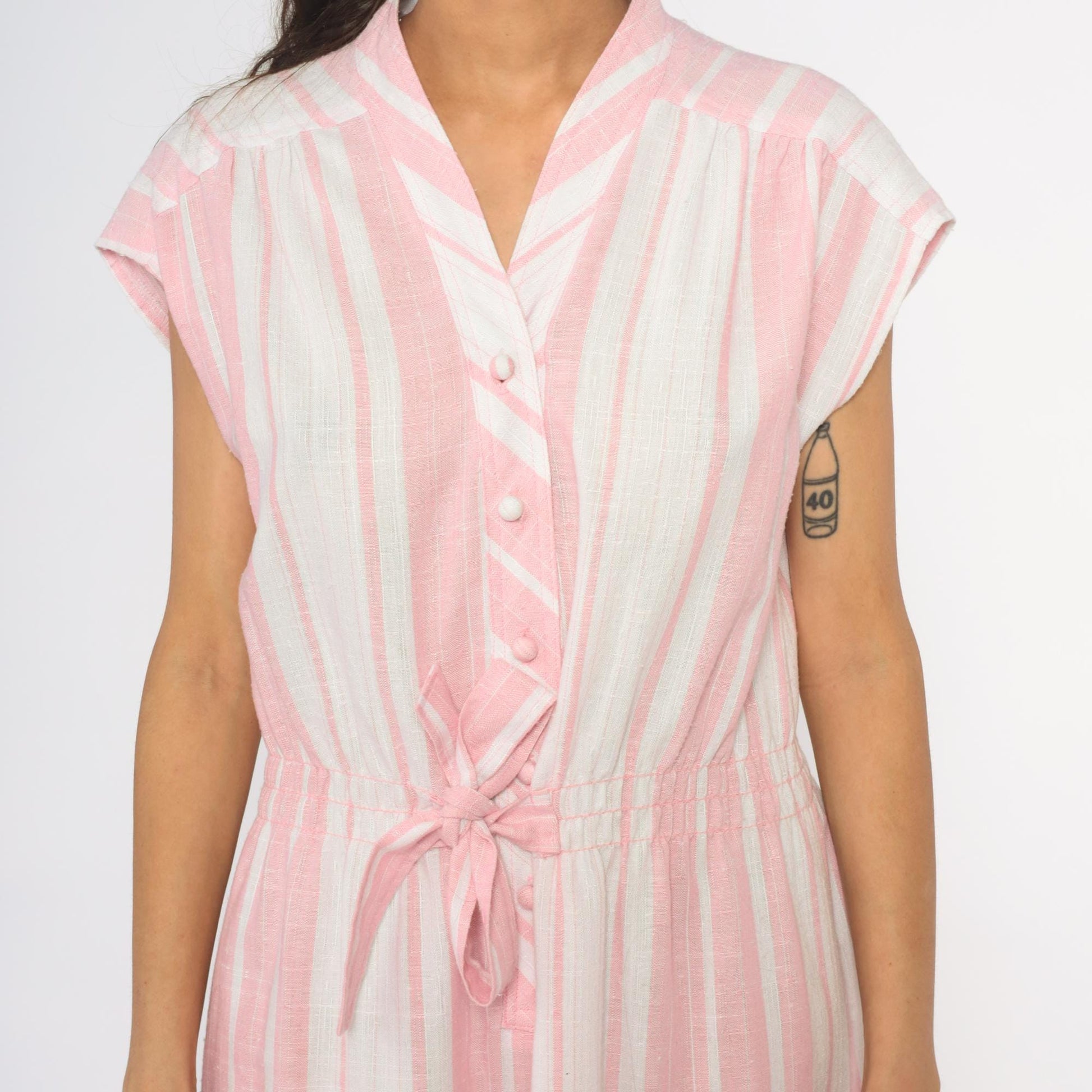 80s Murray Meisner Pink Striped Midi Dress Button Front V-Neck Small