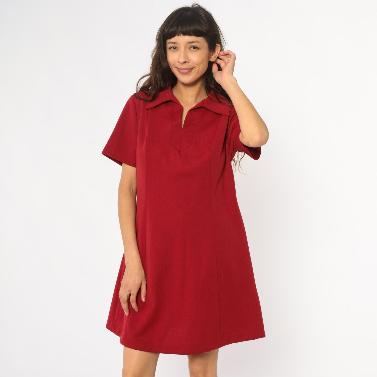 70s Lorac Burgundy Polo Shift Dress Knee-Length Short Sleeve Large L