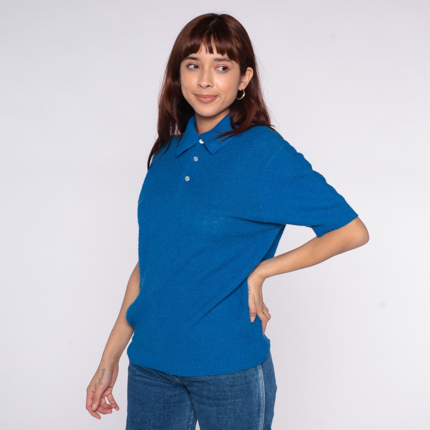 70s Wintuk Continental Blue Polo Shirt Ribbed Knit Small