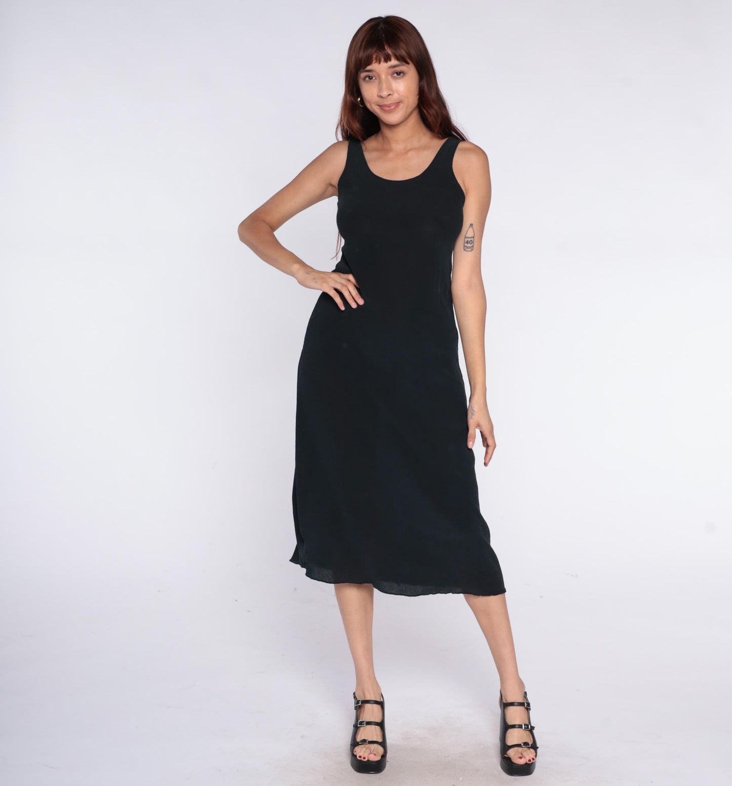 90s Black Midi Dress Sleeveless Scoop Neck Racerback Tank Small S