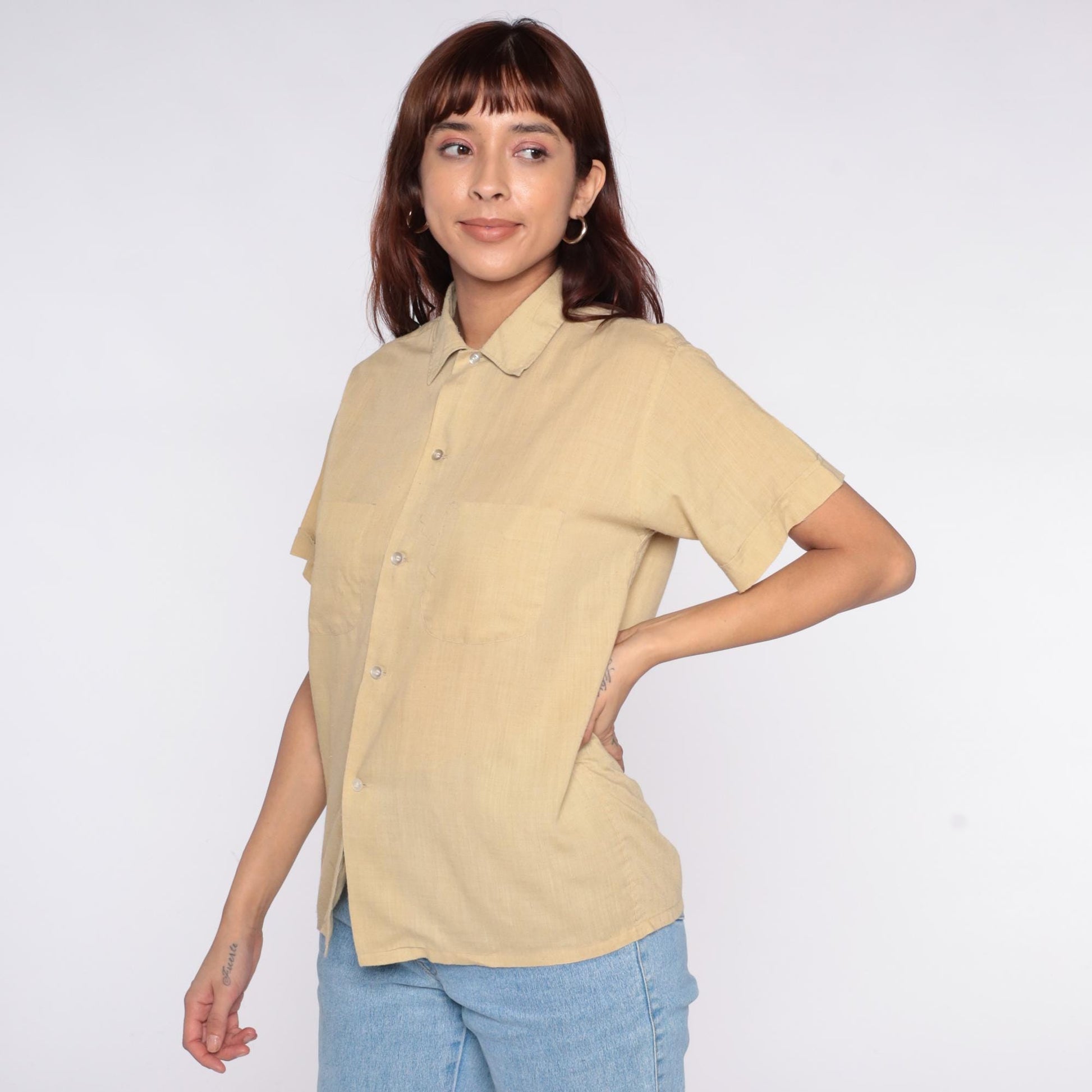 80s Beige Button-Up Shirt Pointed Collar Short Sleeve Cotton Blend Large