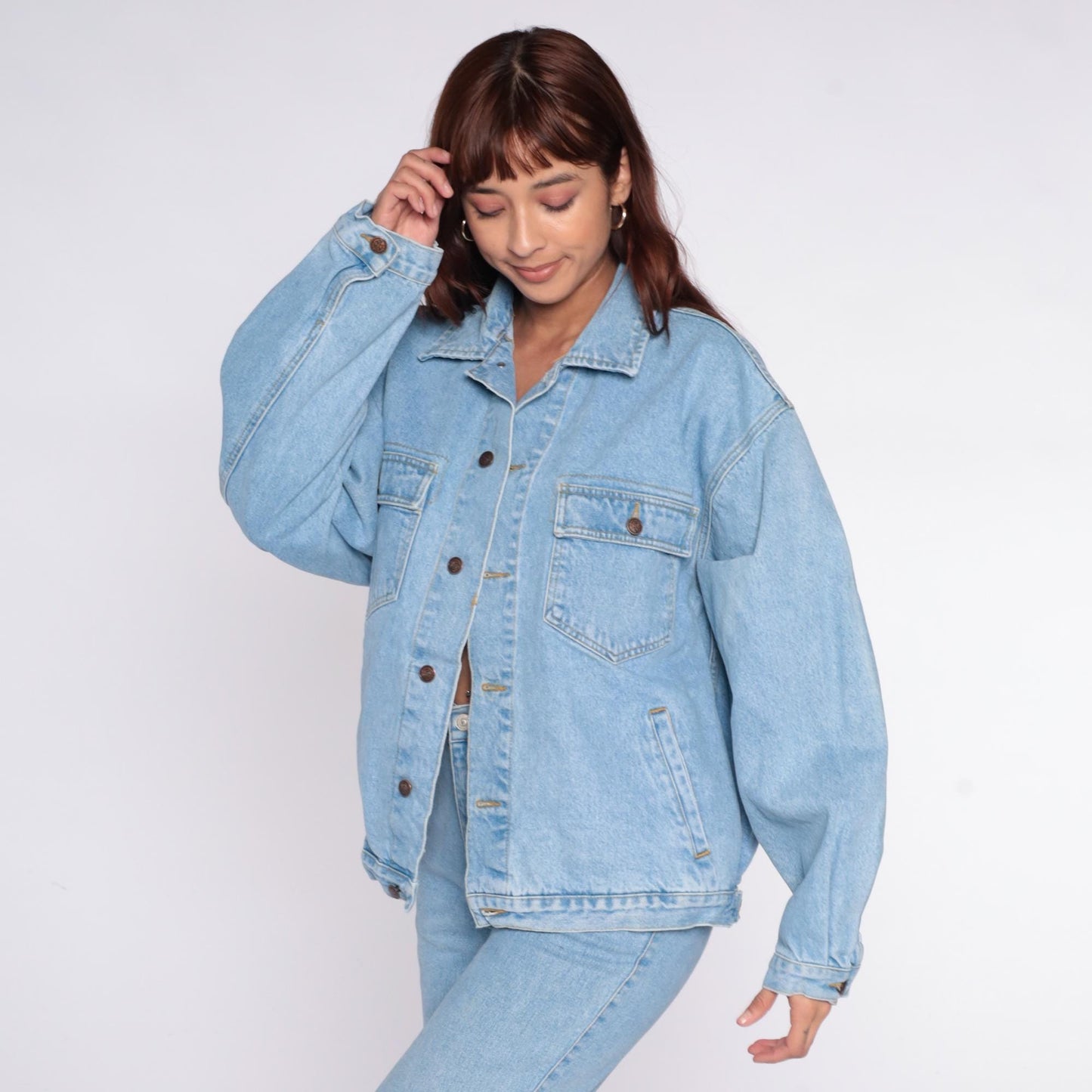 90s Light Wash Denim Jacket Button Front Cotton Jean Coat Large L