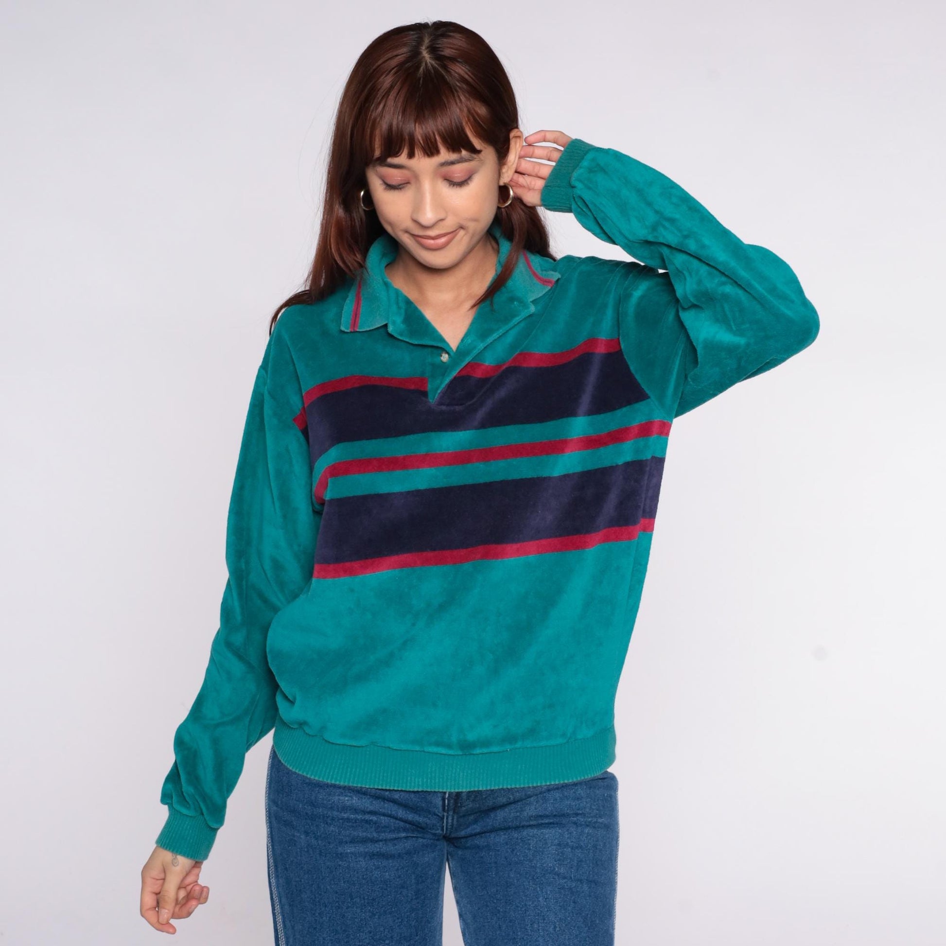 90s Chesterfield Velour Pullover Teal Striped Collared Sweatshirt Medium M