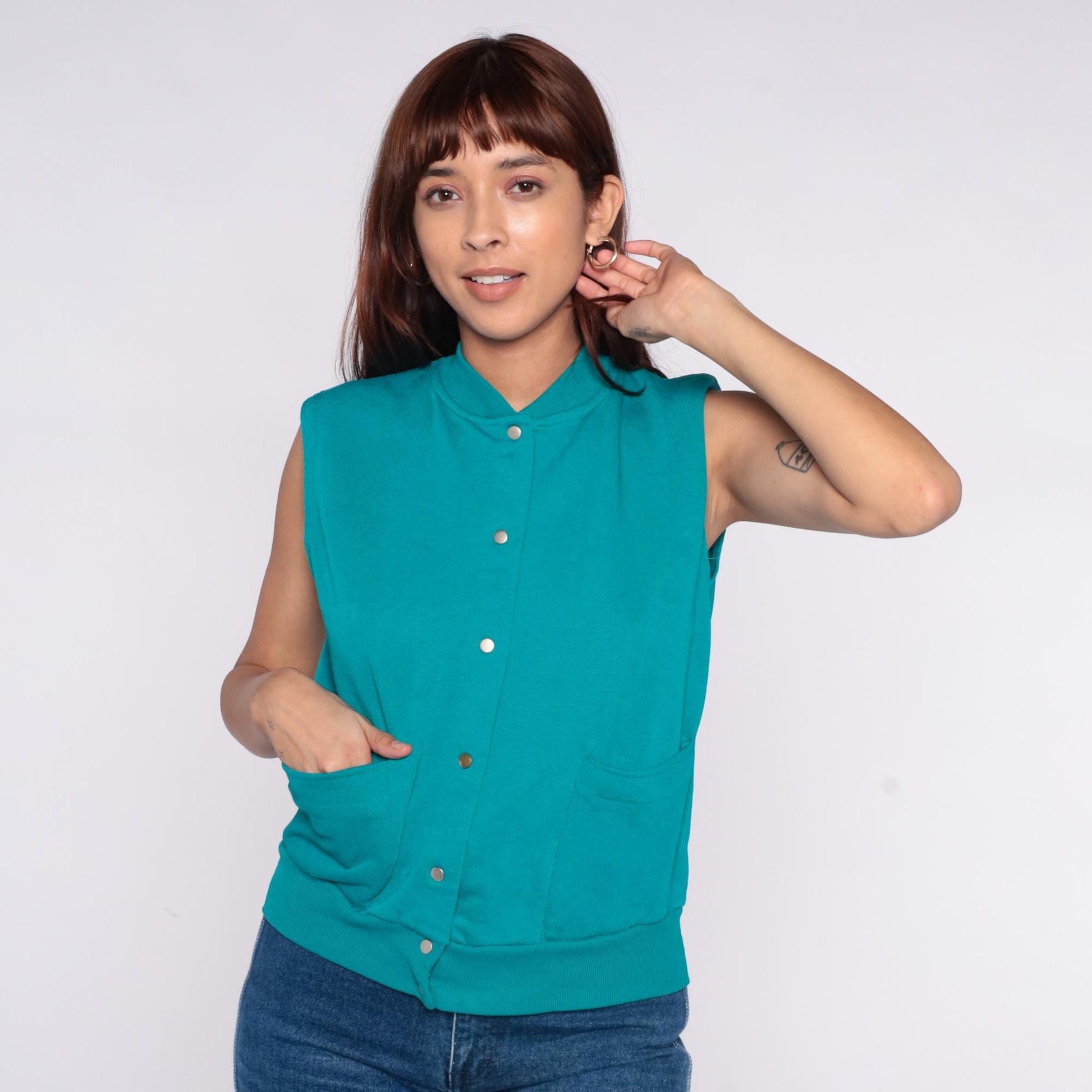 90s Teal Vest Abstract Painted Snap Front Sleeveless Stand Collar Medium
