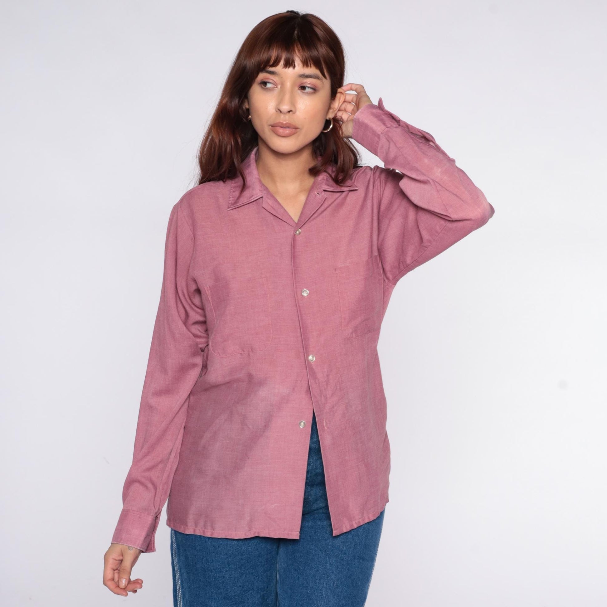 70s BVD Dusty Rose Button-Up Shirt Spread Collar Long Sleeve Small