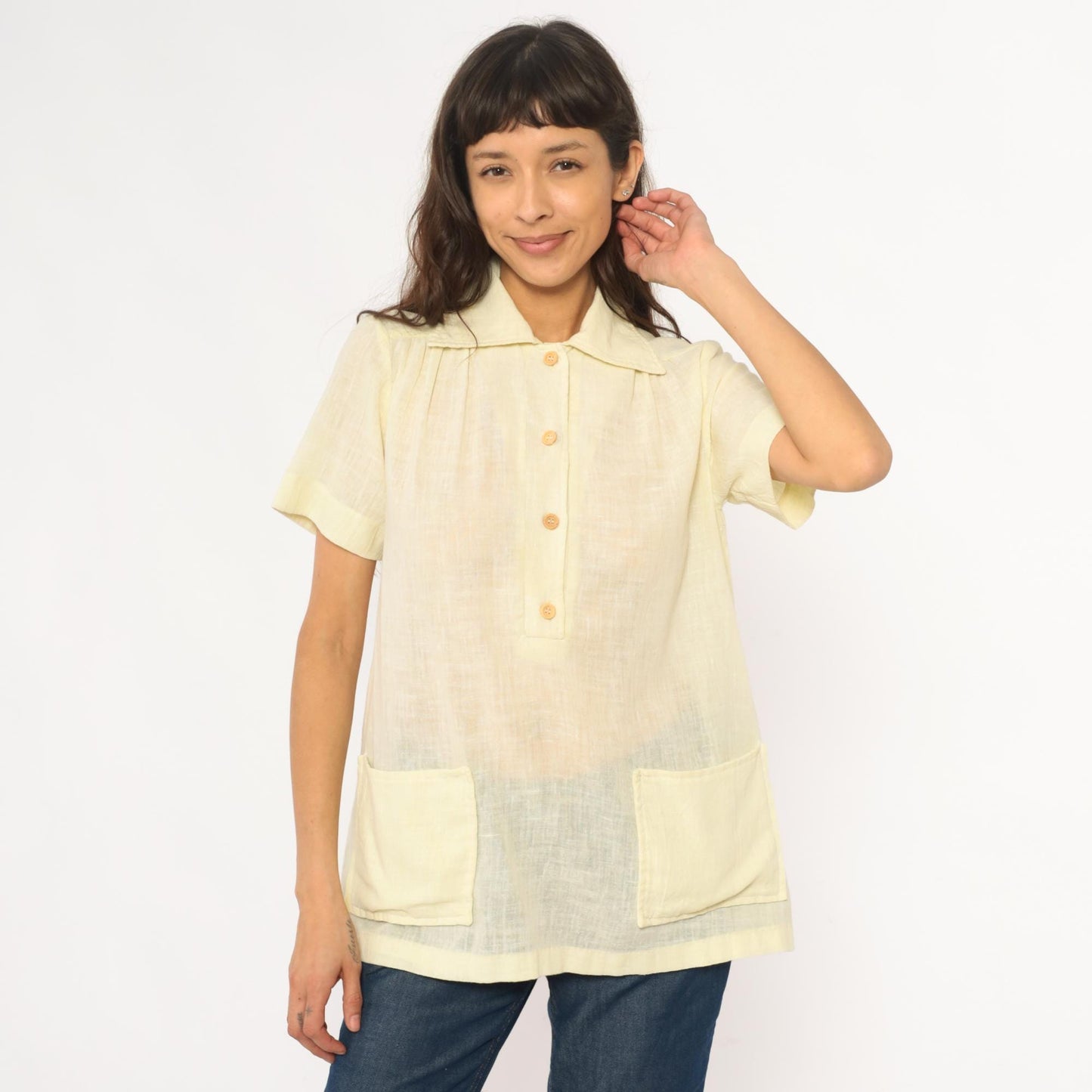 70s Pale Yellow Collared Shirt Pintuck Pleated Camp Blouse Medium M