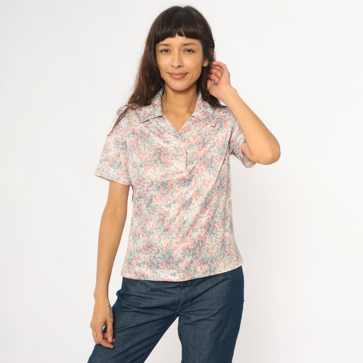 70s Floral Collared Blouse Cream Pink Turquoise Burgundy Short Sleeve Medium M