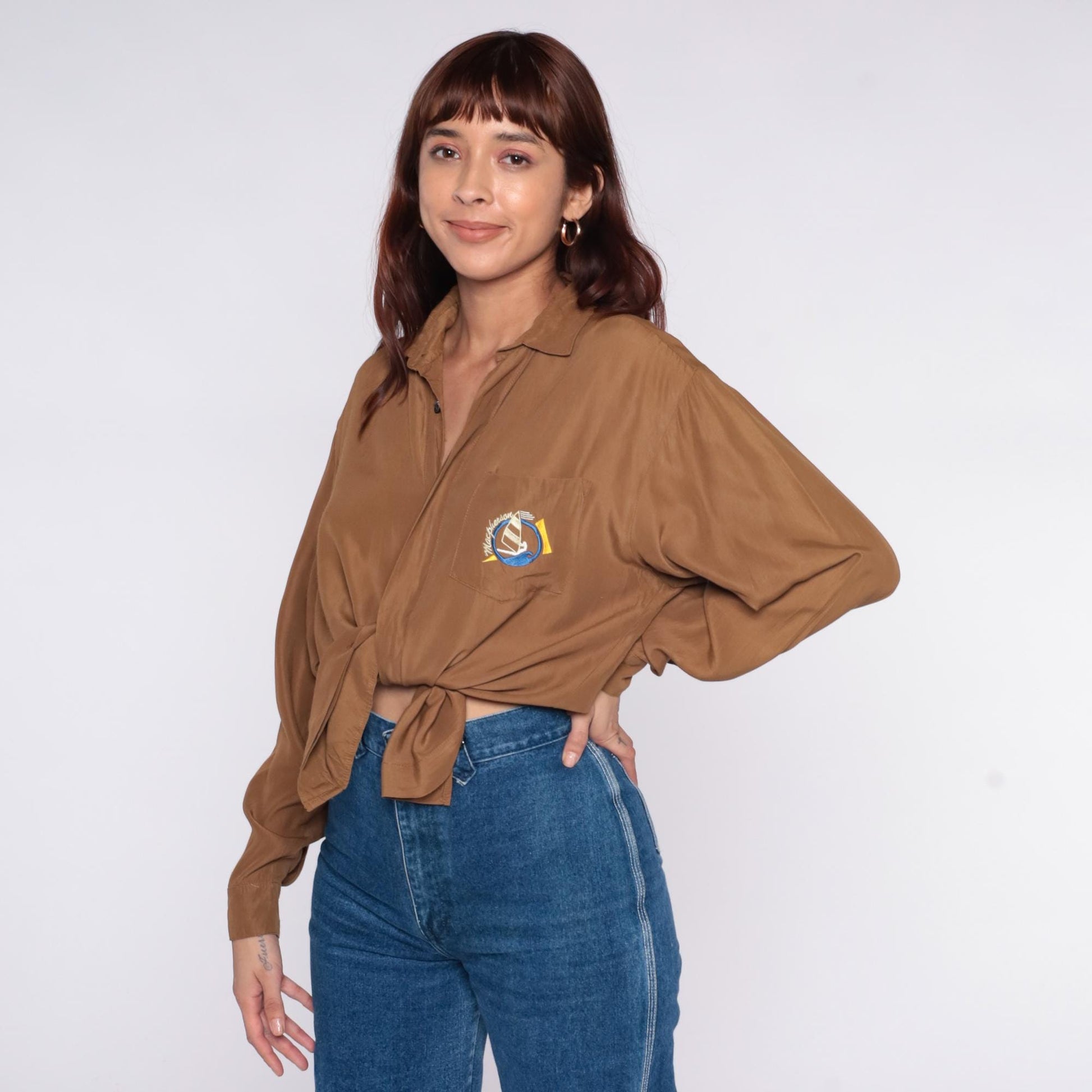 90s Brown Sailboat Embroidered Shirt Collared Long Sleeve Blouse Large L