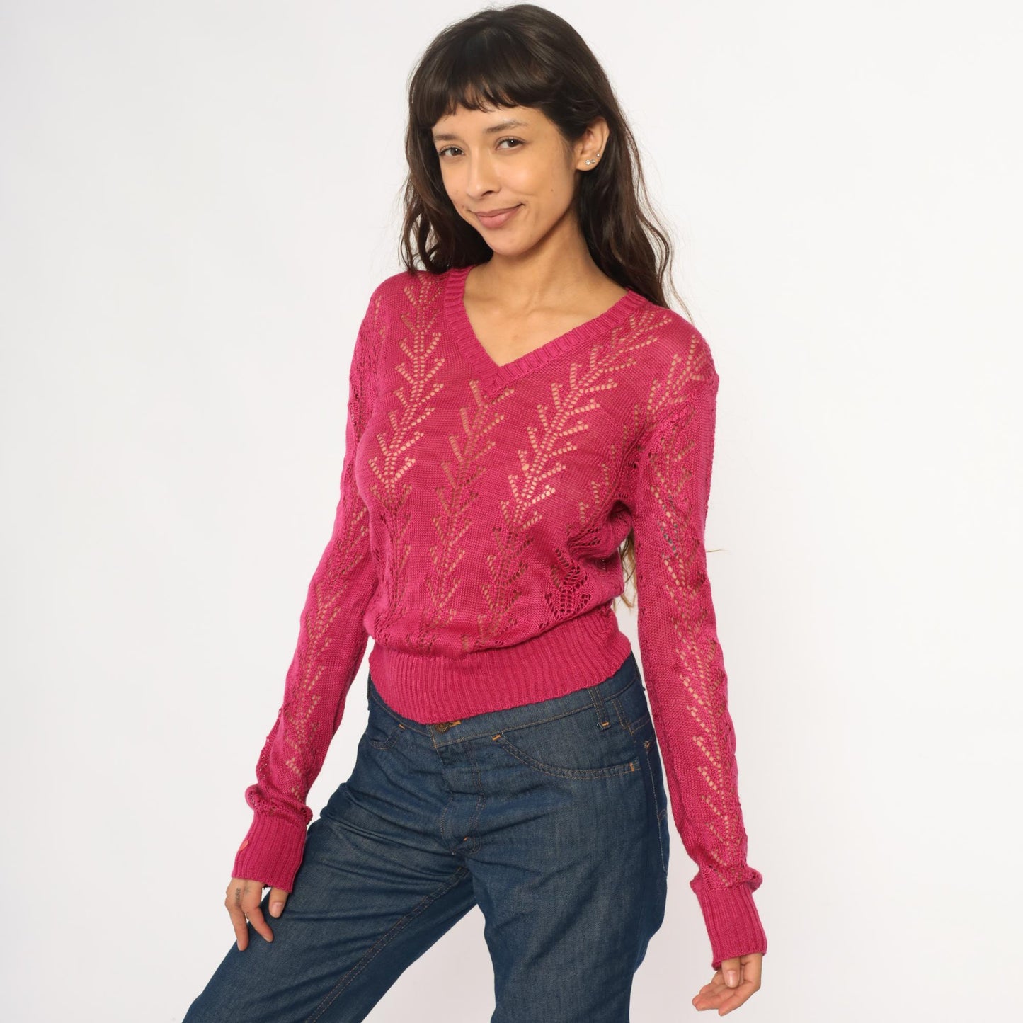 70s Alice Kim Hot Pink Pointelle Knit Sweater Chevron V-Neck Small