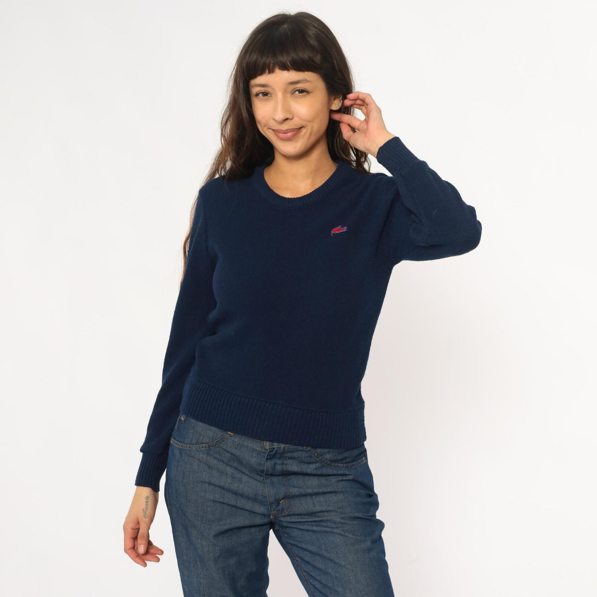 Izod Lacoste Navy Crew Neck Sweater 80s Crocodile Logo Pullover Small