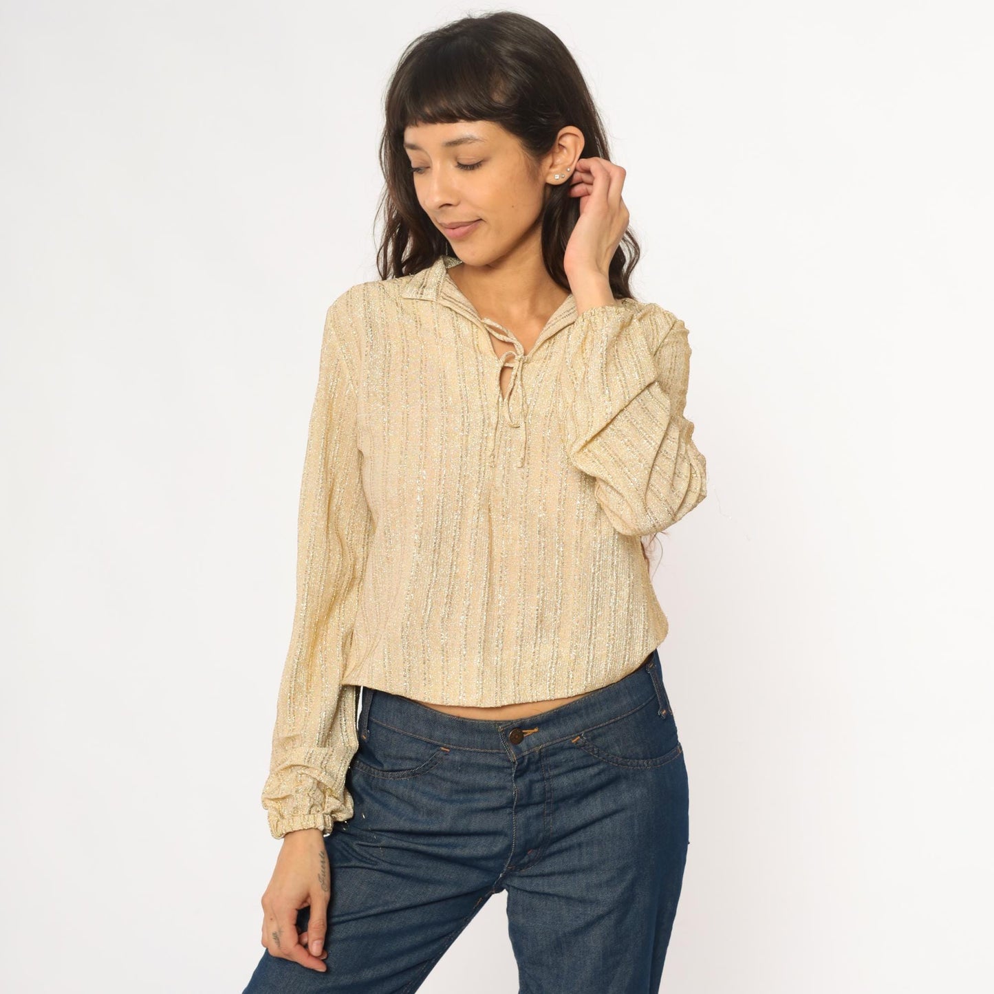 70s Judy Bond Gold Metallic Blouse Champagne Disco Collar Small