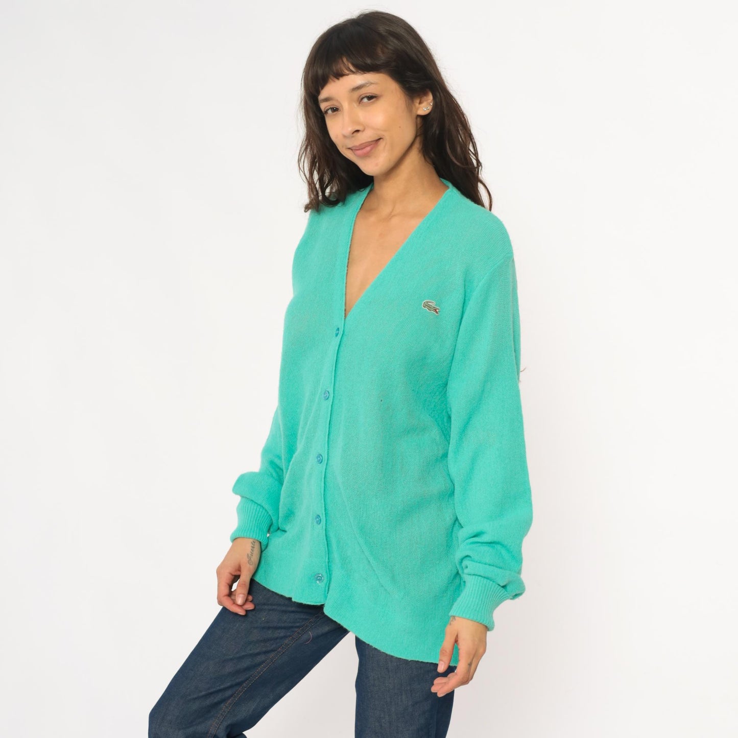 80s Lacoste Izod Turquoise Cardigan Crocodile Logo V-Neck Knit Medium