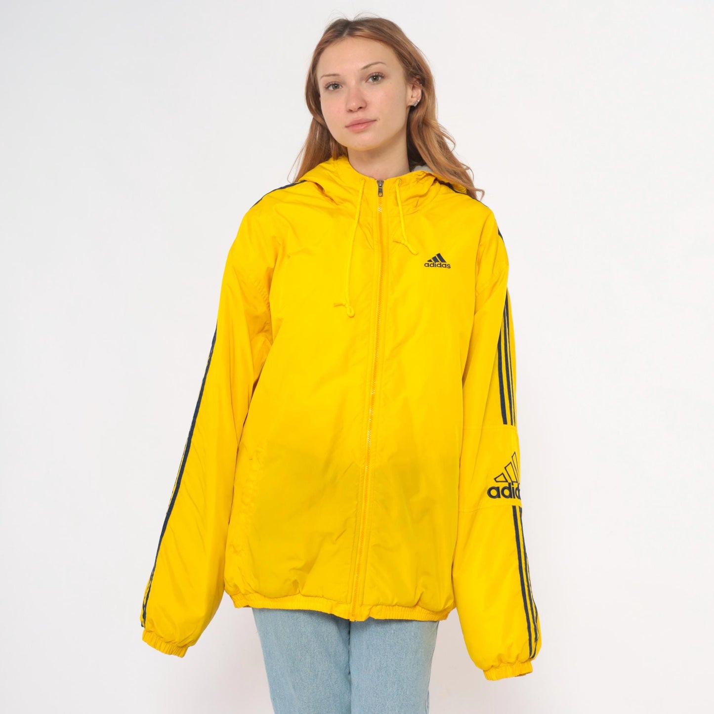 Y2K Adidas Yellow Windbreaker Hooded Jacket Navy Stripe Large L