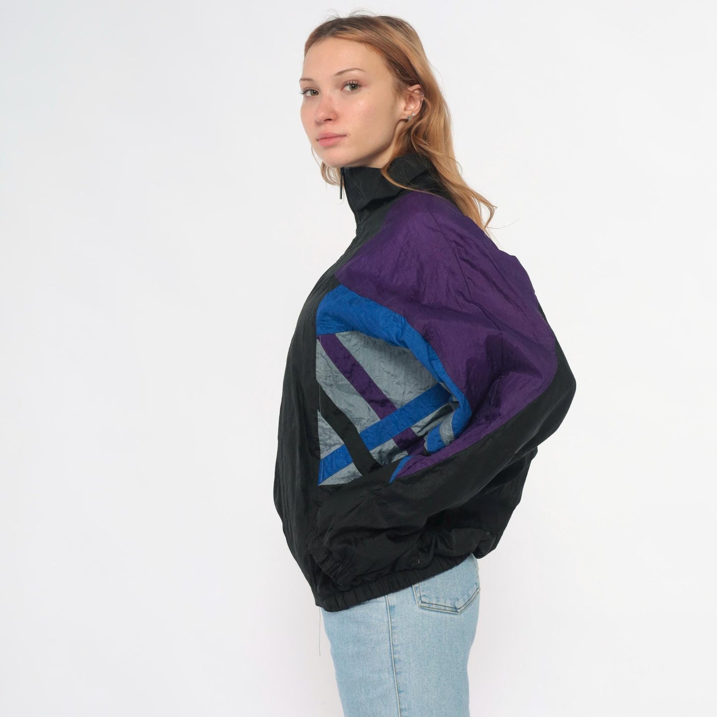 90s Colorblock Windbreaker Black Purple Blue Nylon Jacket Large L
