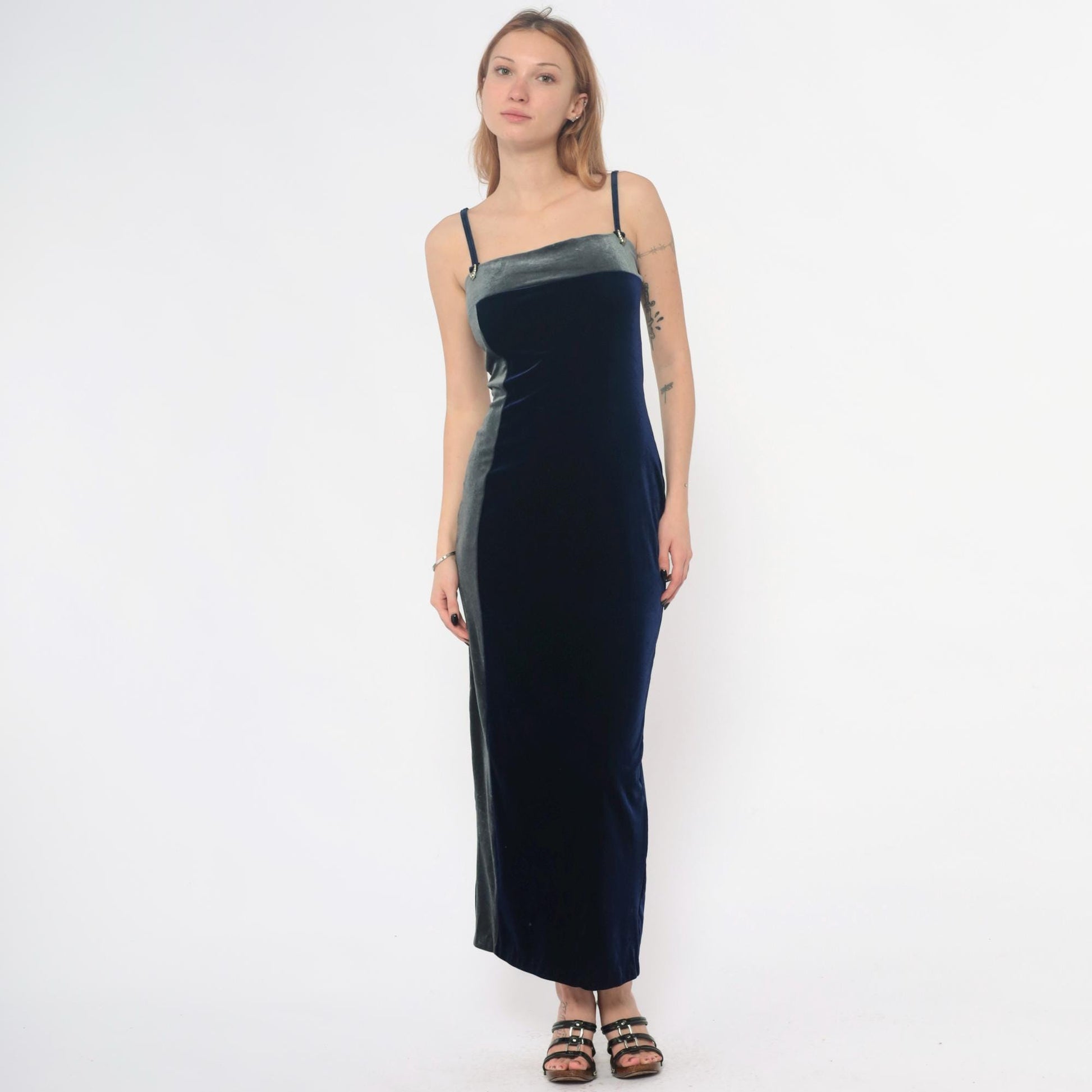 90s Navy Velvet Maxi Dress Spaghetti Strap Column Gold Hardware Medium M