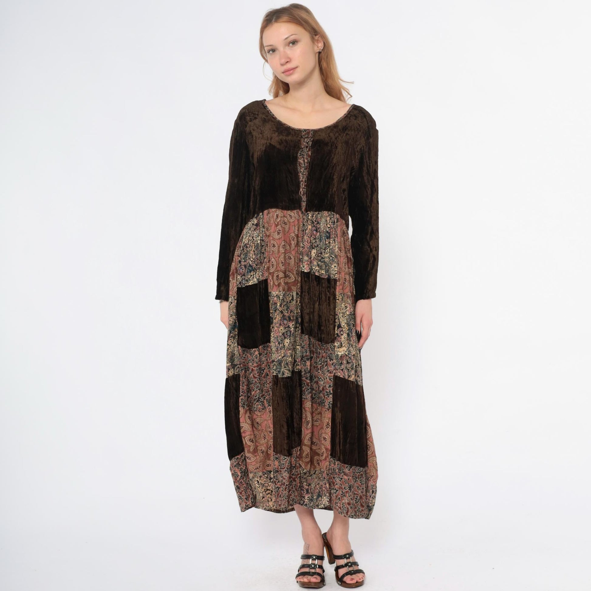 Y2K Bila Patchwork Velvet Maxi Dress Brown Paisley Rayon Small
