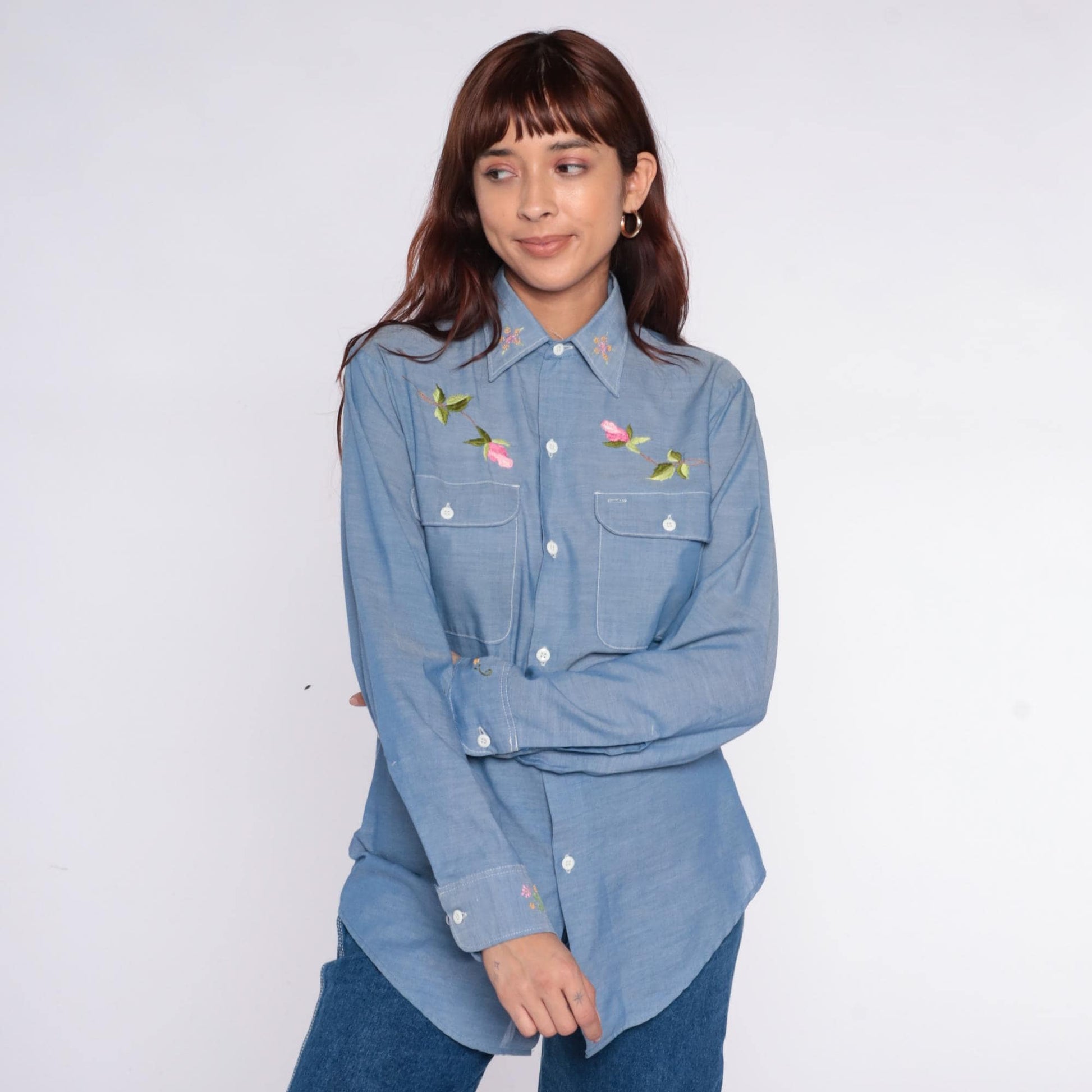 70s JCPenney Chambray Shirt Embroidered Roses Button Front Small
