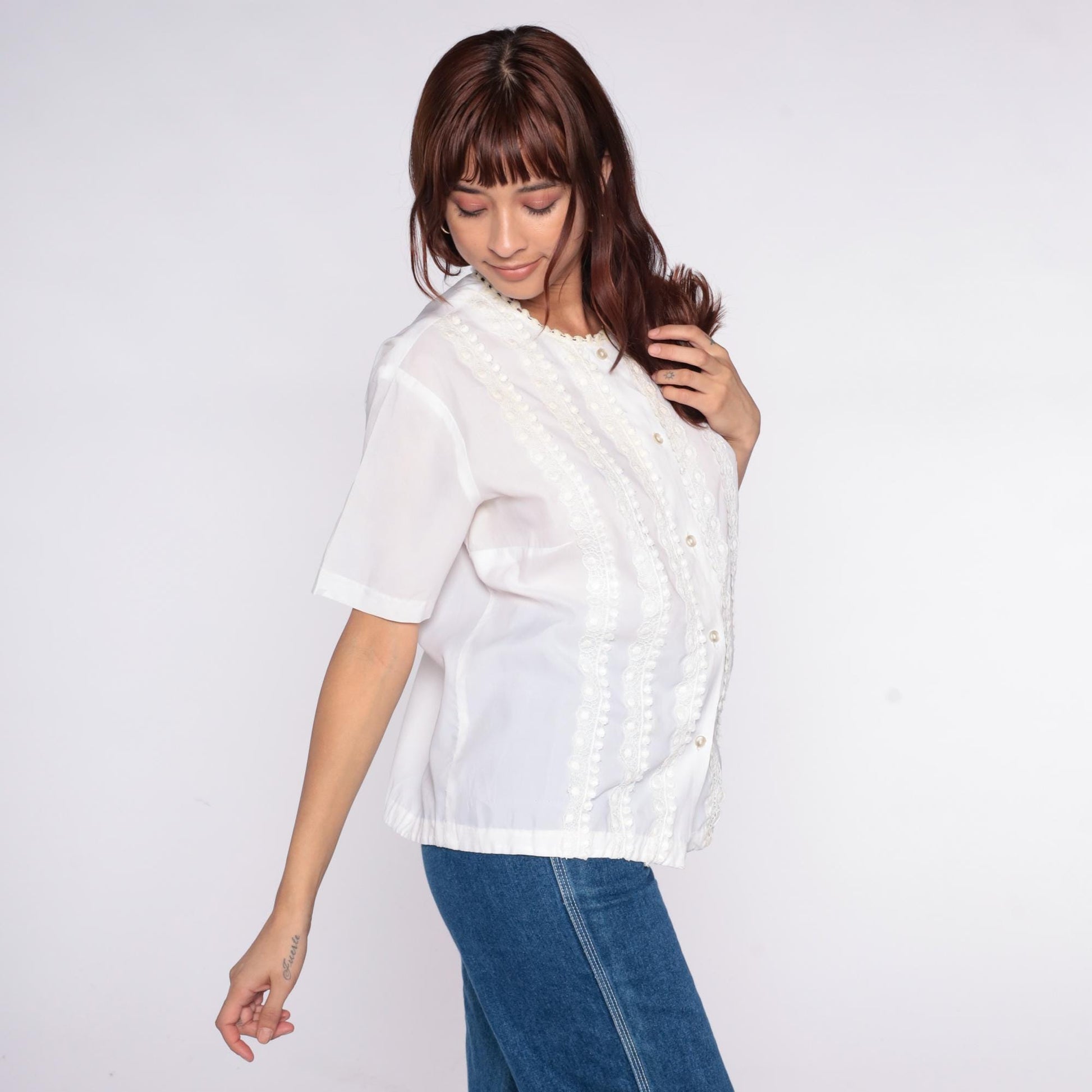70s La Rose California White Blouse Scalloped Lace Embroidered Button Front Large