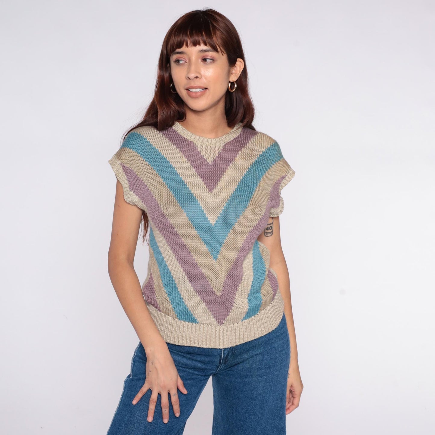 80s Chevron Stripe Knit Sweater Purple Turquoise Cream Short Sleeve Small