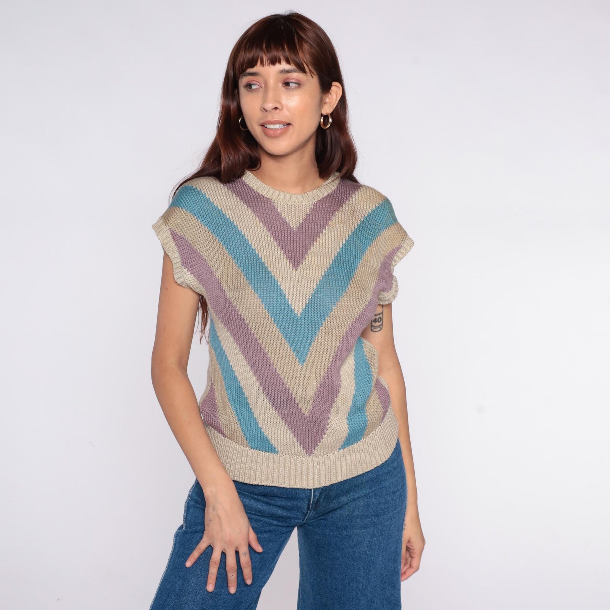 80s Chevron Stripe Knit Sweater Purple Turquoise Cream Short Sleeve Small