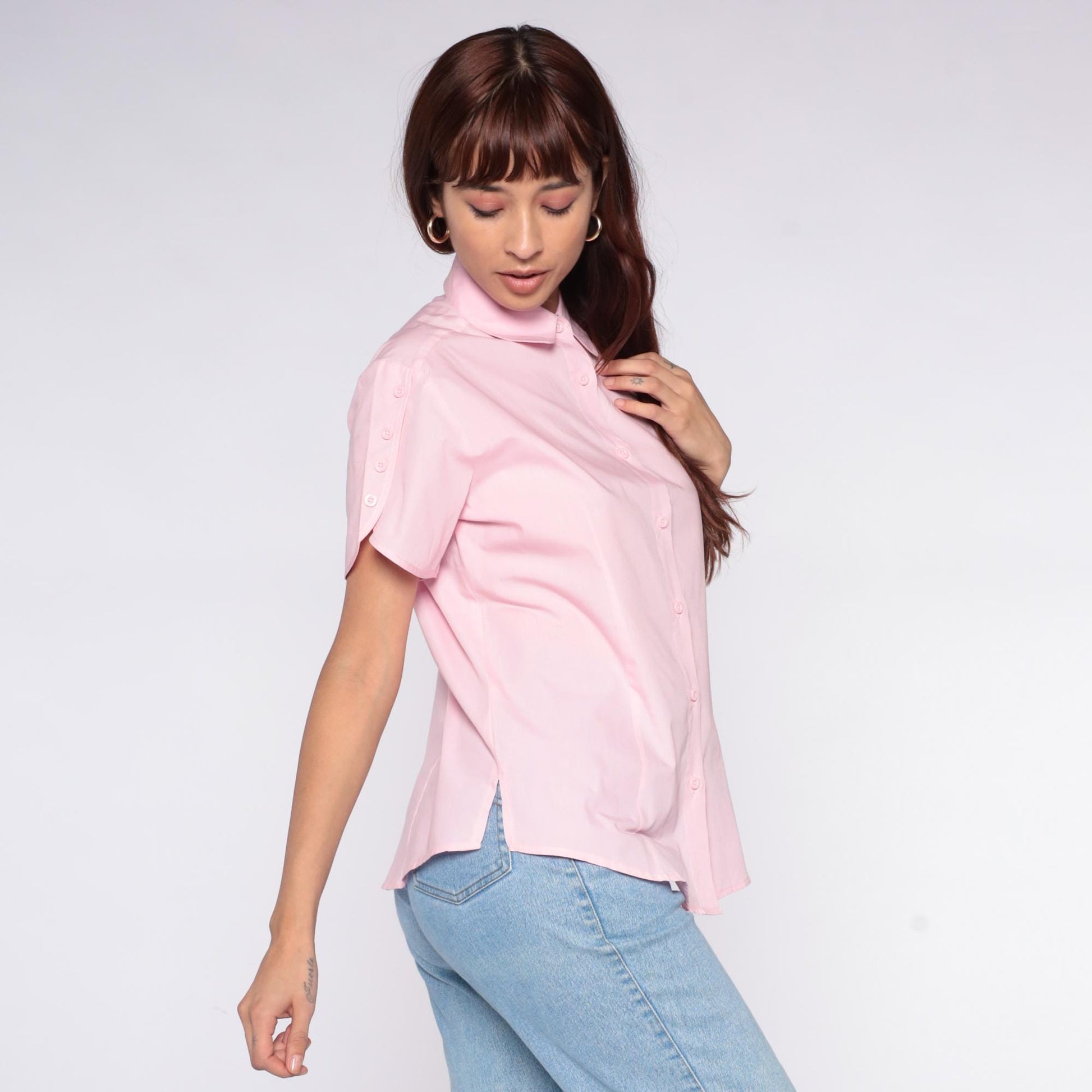 80s American Sweetheart Pink Button-Up Blouse Peter Pan Collar Medium M