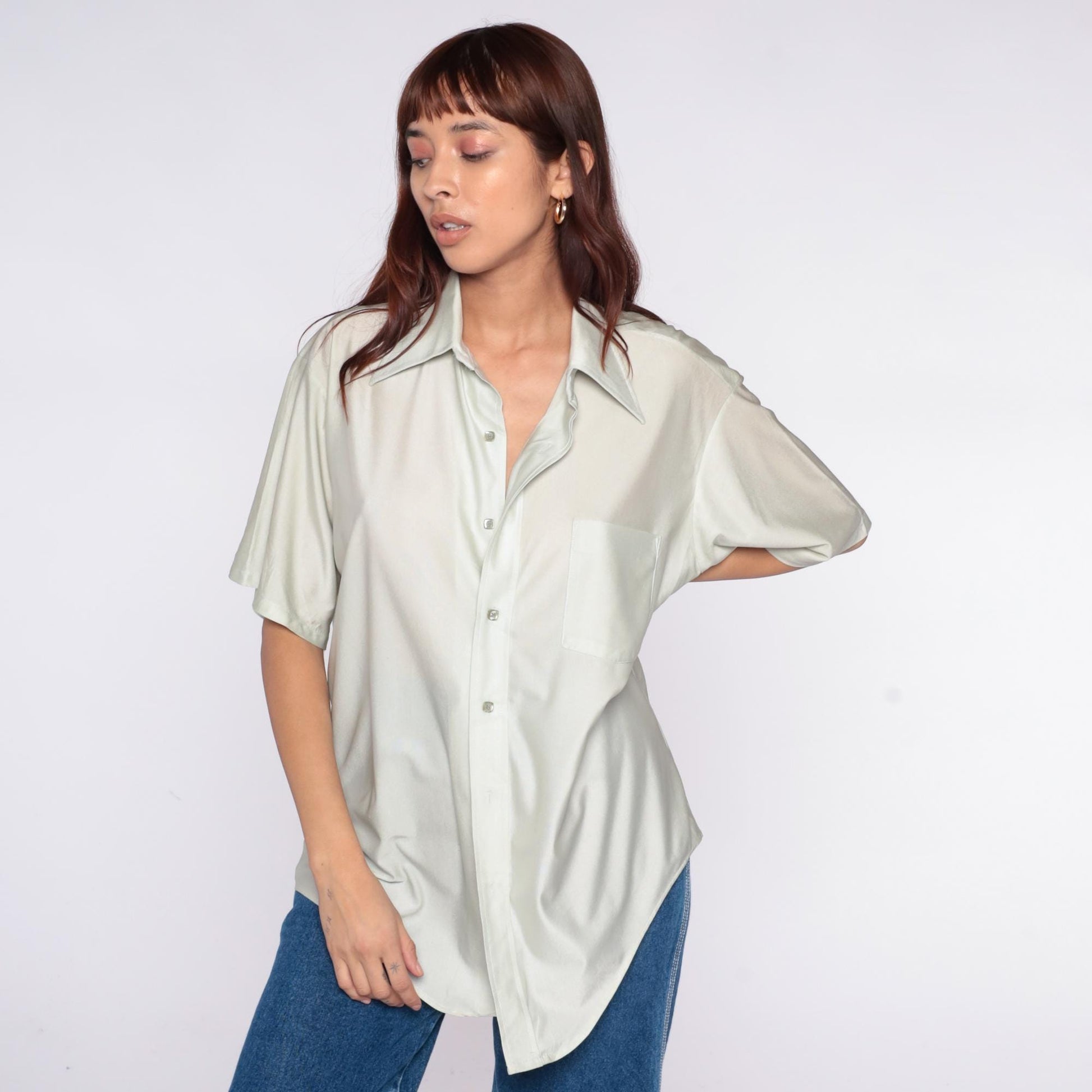 70s Van Heusen Sage Green Short Sleeve Button-Up Shirt Chest Pocket Large L