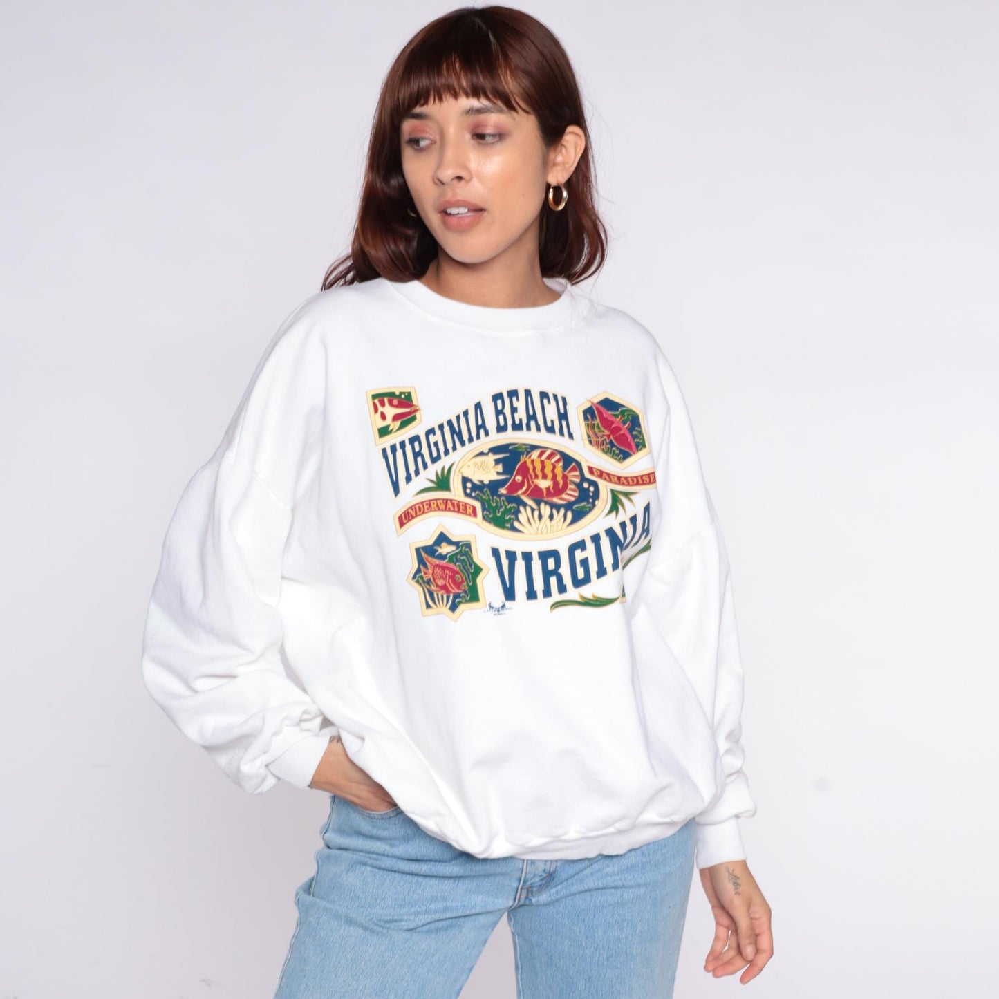90s Virginia Beach Sweatshirt Plus Size XXL White Tropical Fish Graphic Pullover