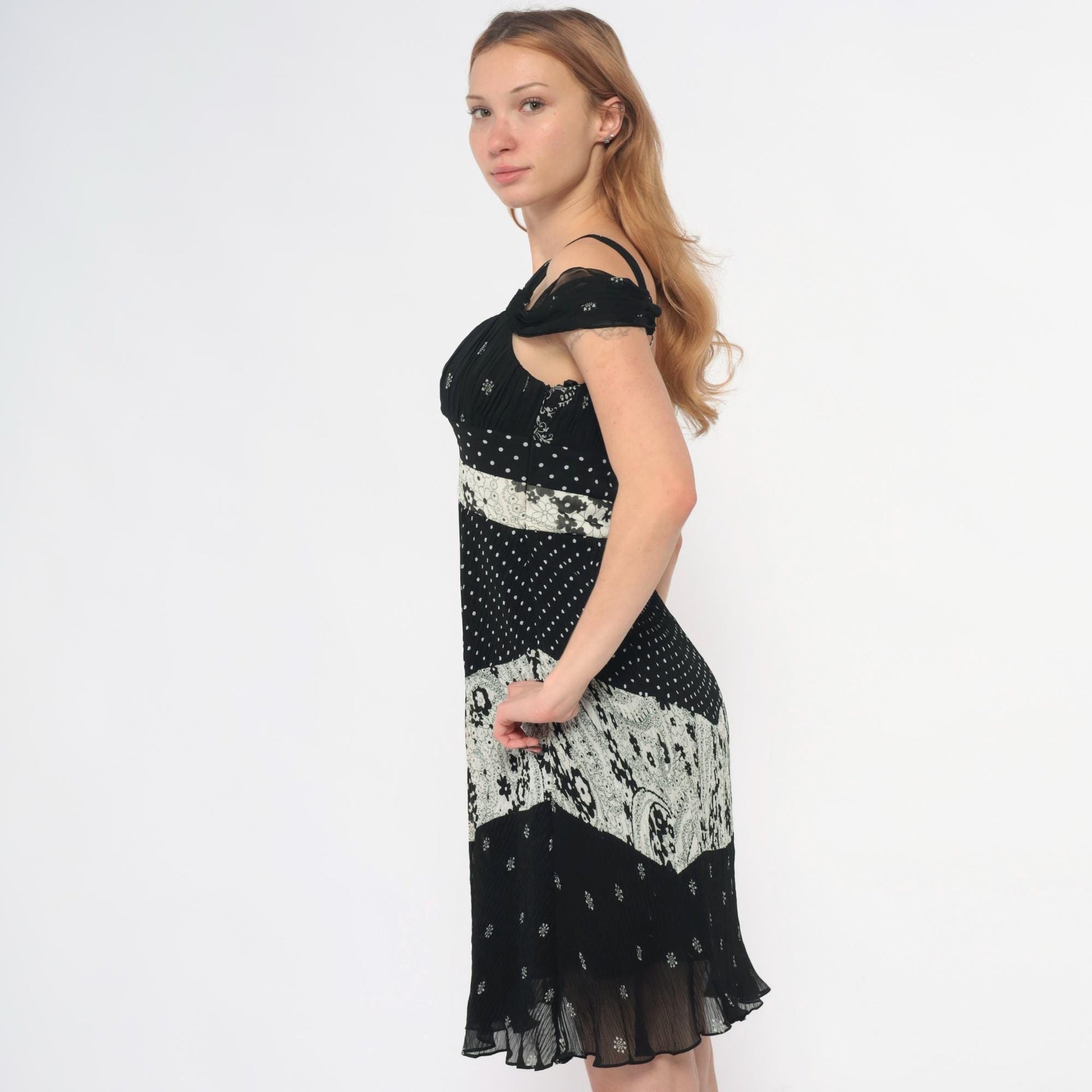 Y2K Alberto Makali Black Mini Dress Mixed Print Cold Shoulder Small S
