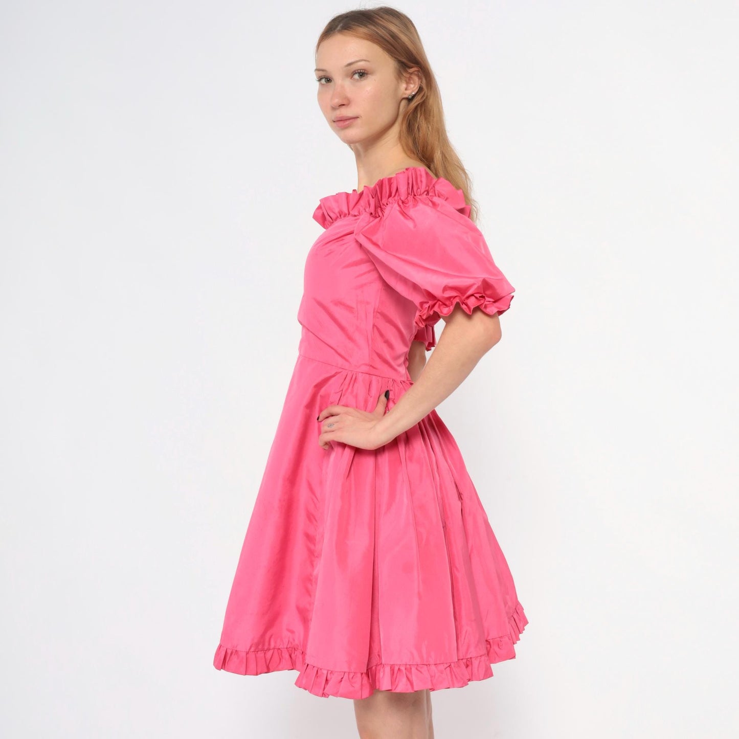 70s Hot Pink Off-Shoulder Puff Sleeve Dress Ruffle Hem Extra Small XS