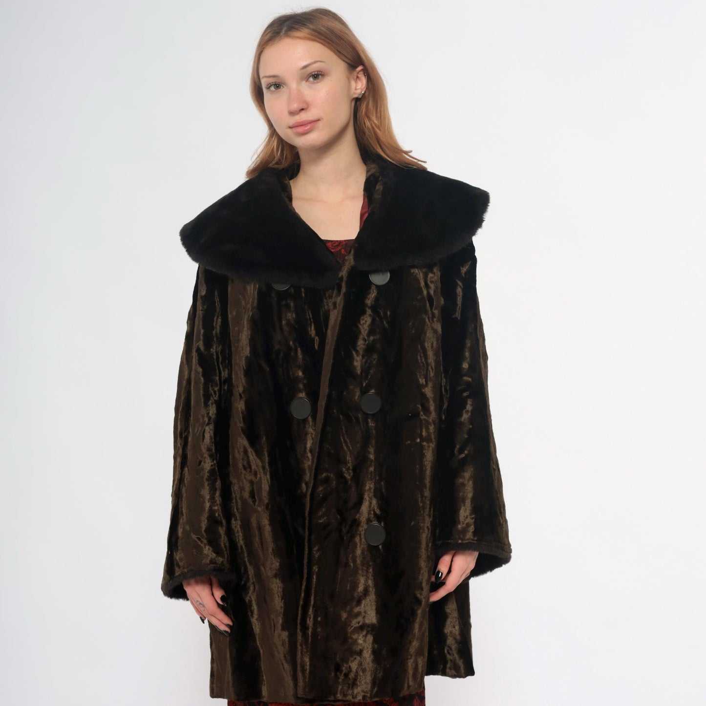 70s Brown Crushed Velvet Coat Black Faux Fur Collar Button Front Extra Large XXL