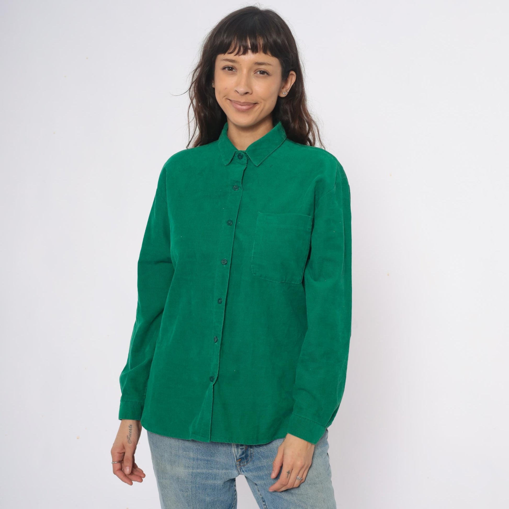 80s Hang Ten Emerald Green Corduroy Shirt Button-Up Long Sleeve Large L
