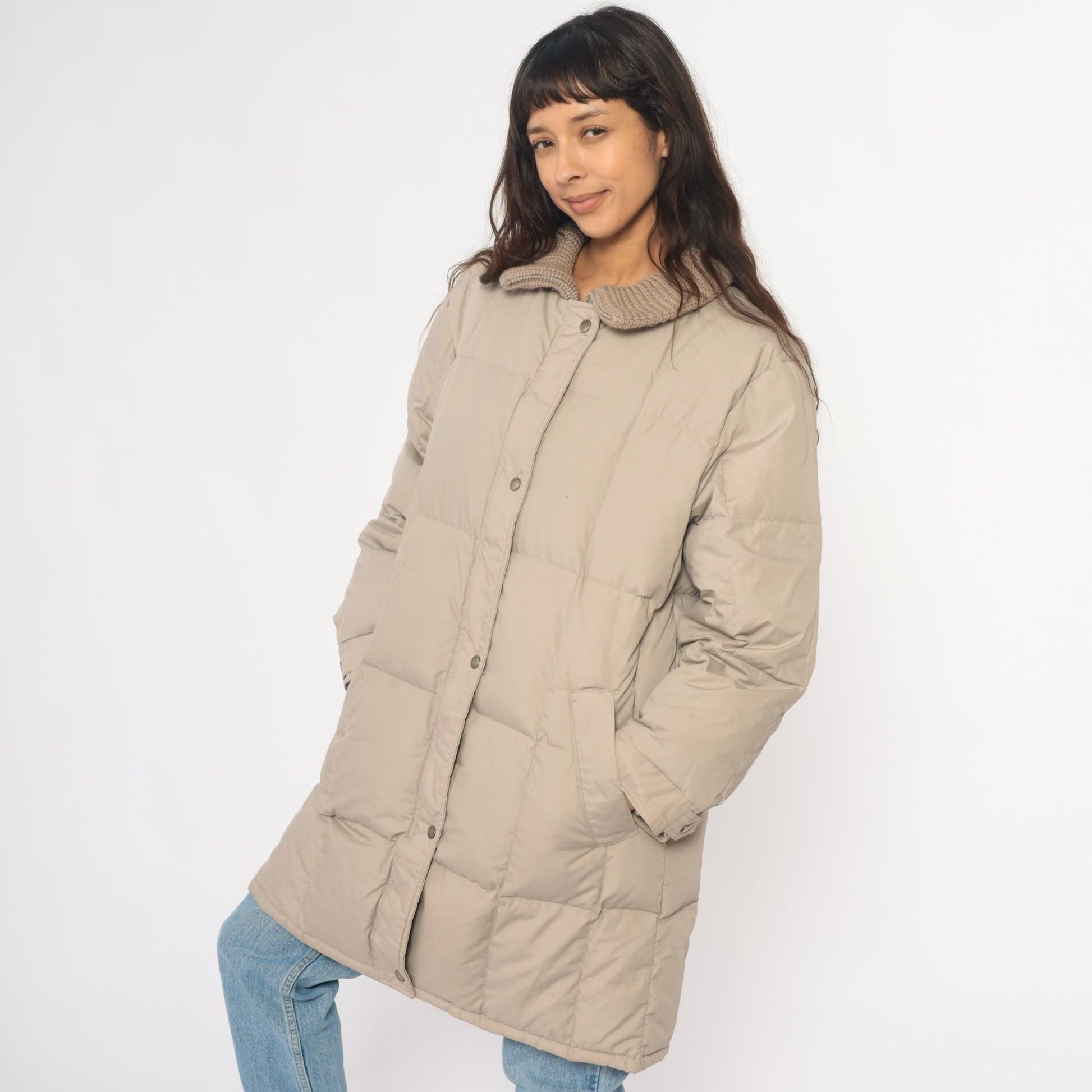 80s Beige Quilted Puffer Coat Down Filled Long Jacket Knit Collar Large L