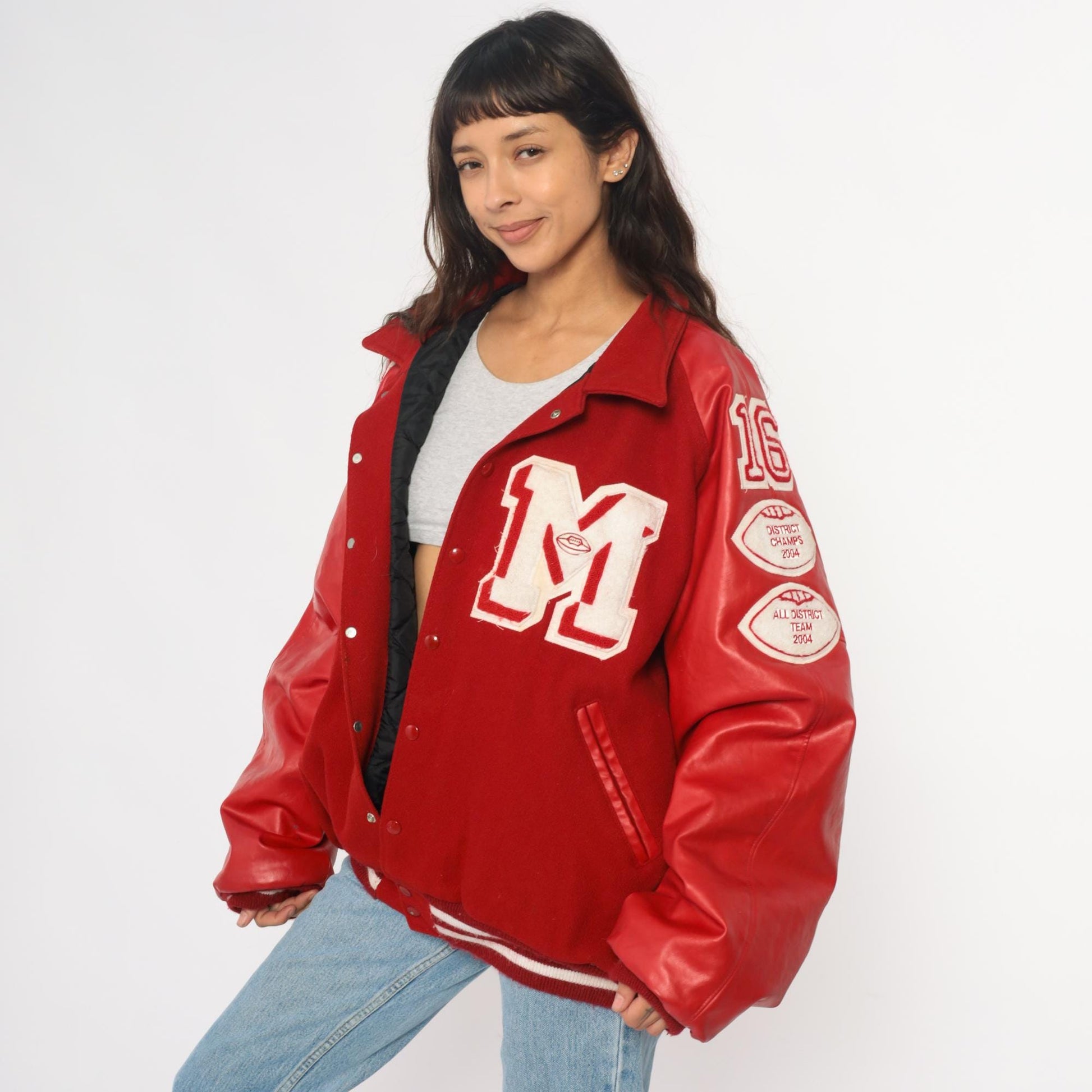 Y2K Neff Red Wool Varsity Jacket Leather Sleeves Football Patches XXL