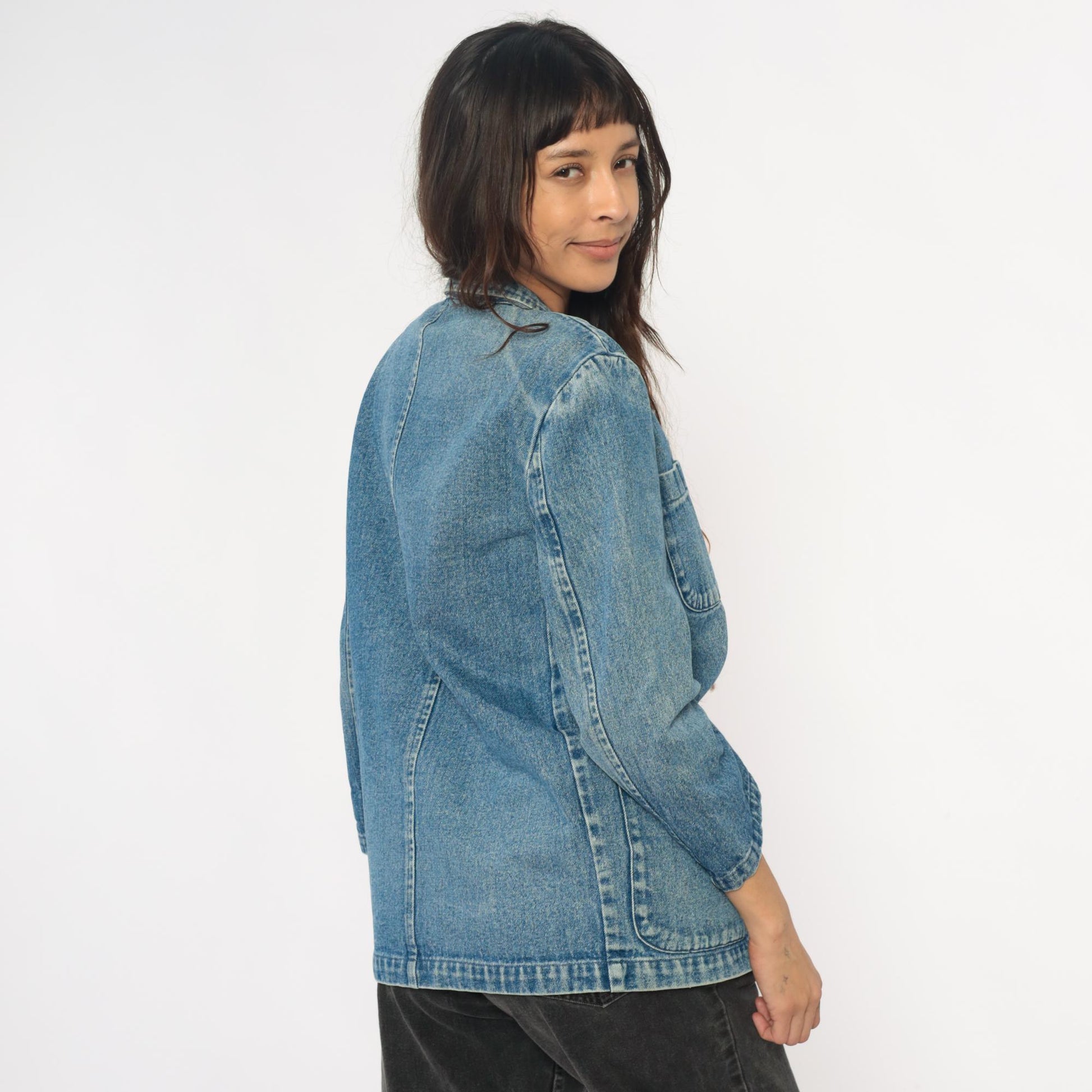 90s Eddie Bauer Denim Blazer Blue Jean Jacket Notched Collar Extra Small XS