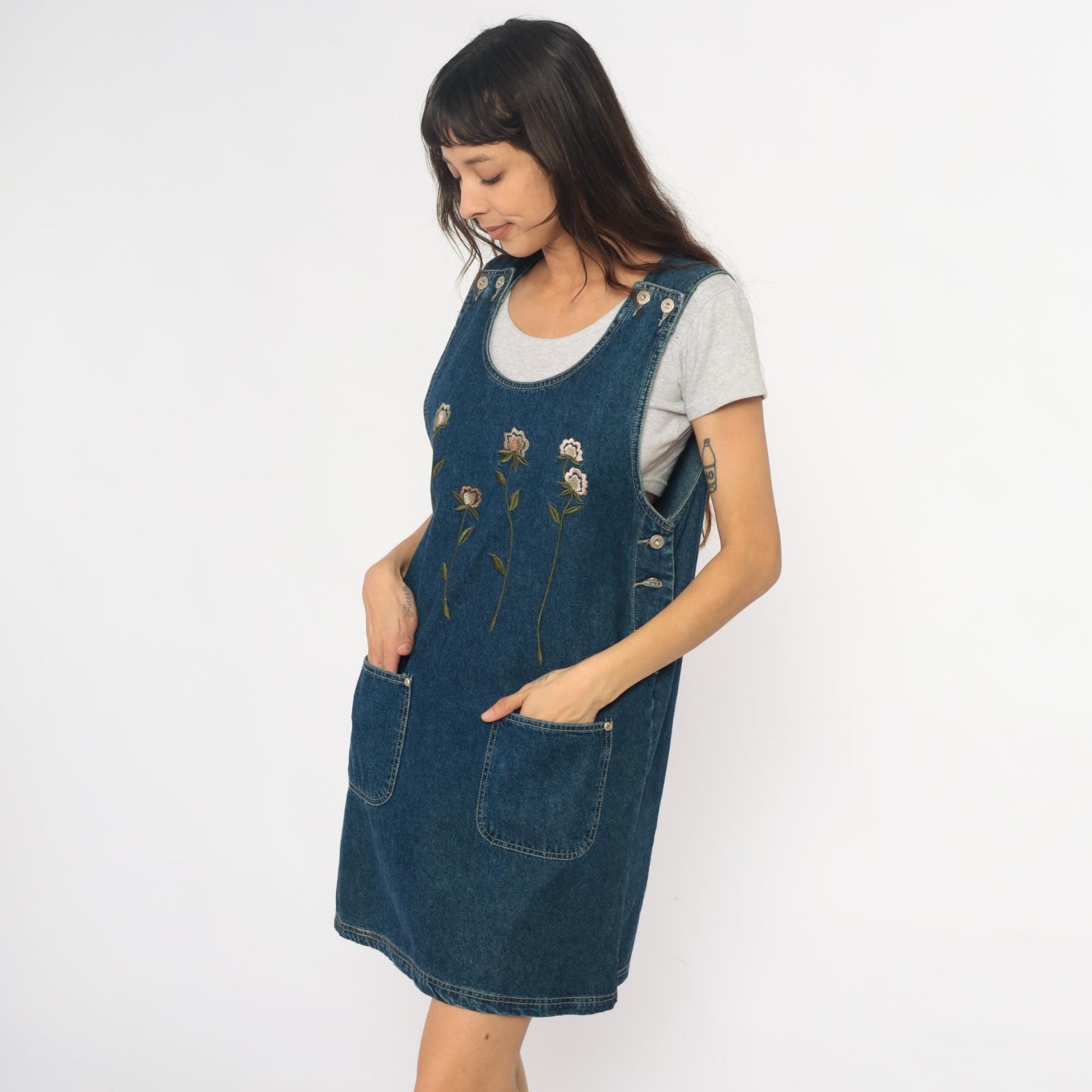 90s Floral Embroidered Denim Jumper Dress Blue Jean Pinafore Medium M