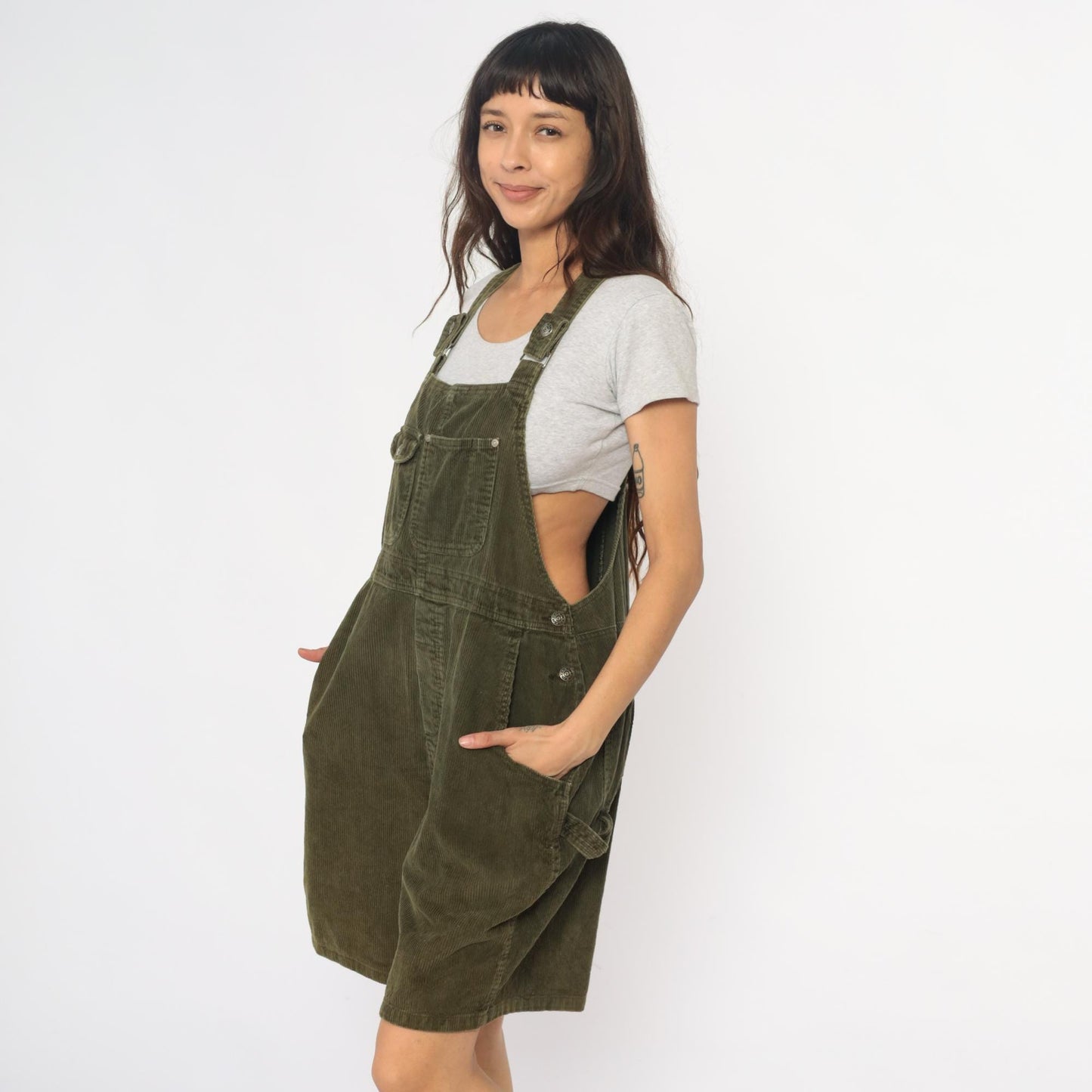 90s Olive Green Corduroy Overall Shorts Adjustable Straps Cross-Back Large L