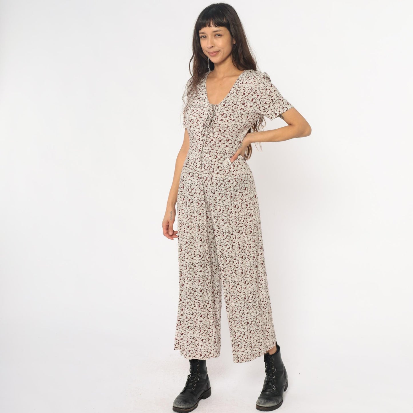 90s All That Jazz Floral Jumpsuit Cream Wide Leg Short Sleeve Small
