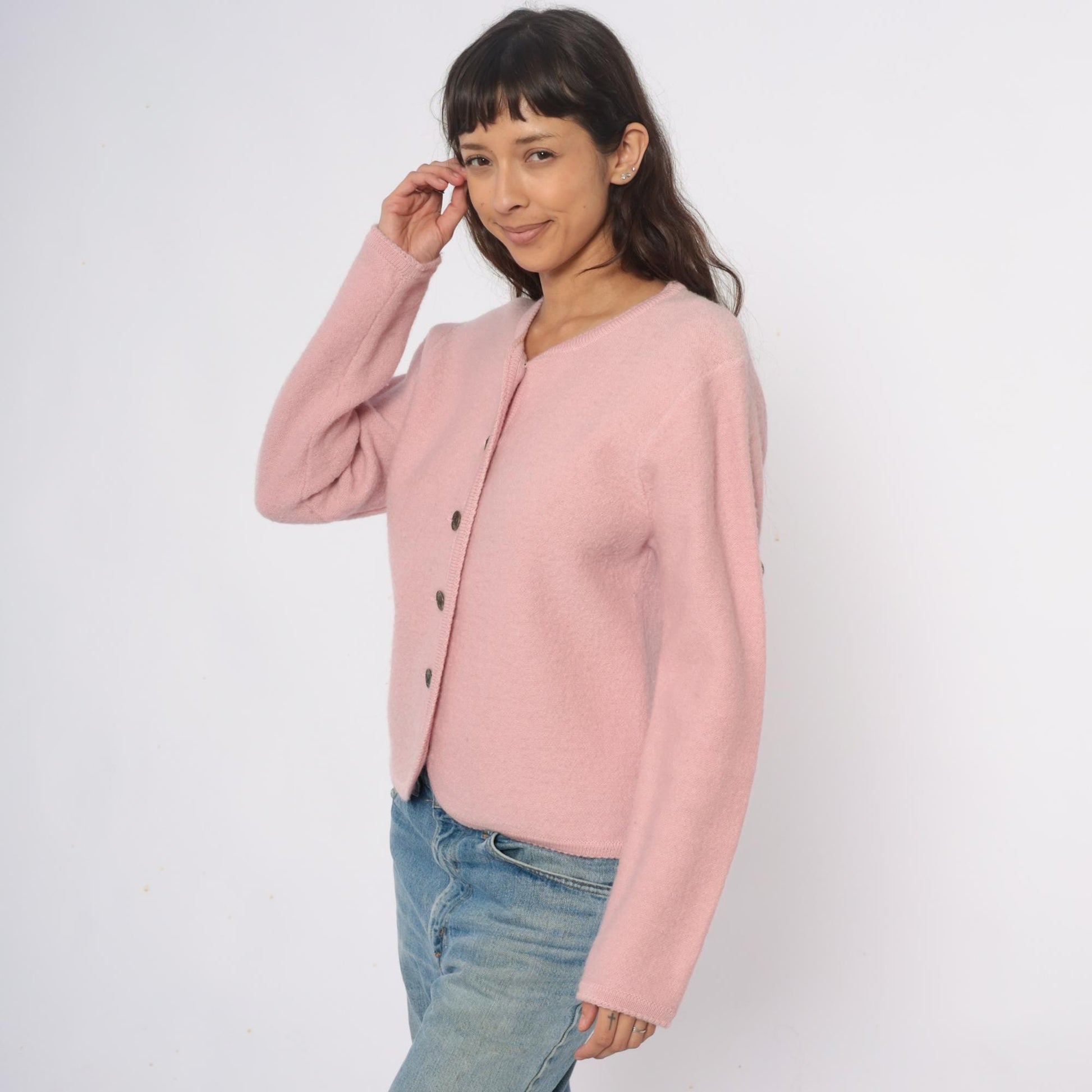 70s Tally Ho Wool Cardigan Pink V-Neck Button Front Medium